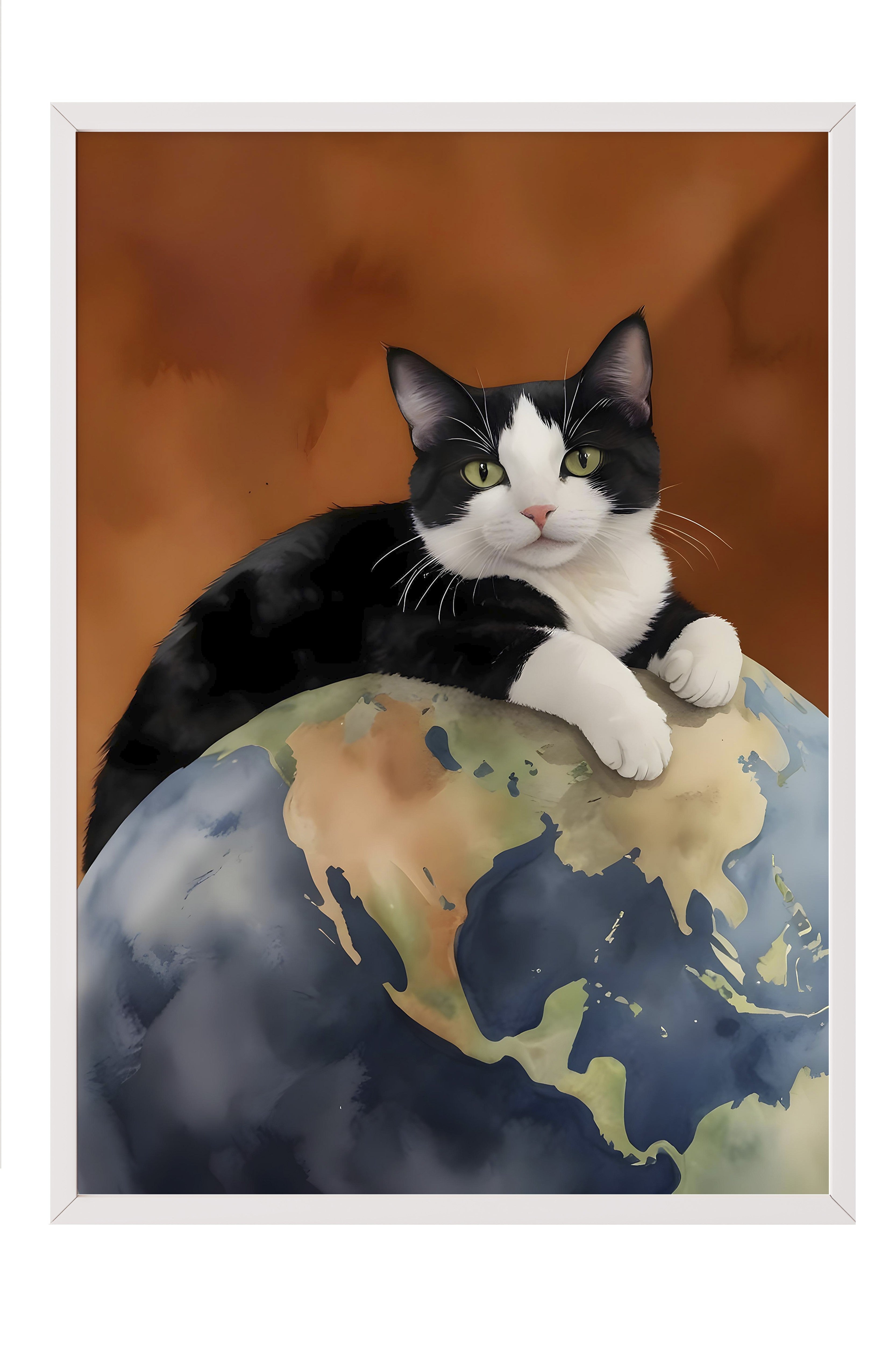 Beyaz Çerçeveli Tablo, Black Cat on World, Comfort Serisi Poster ve  Duvar Tablosu, NO:108964