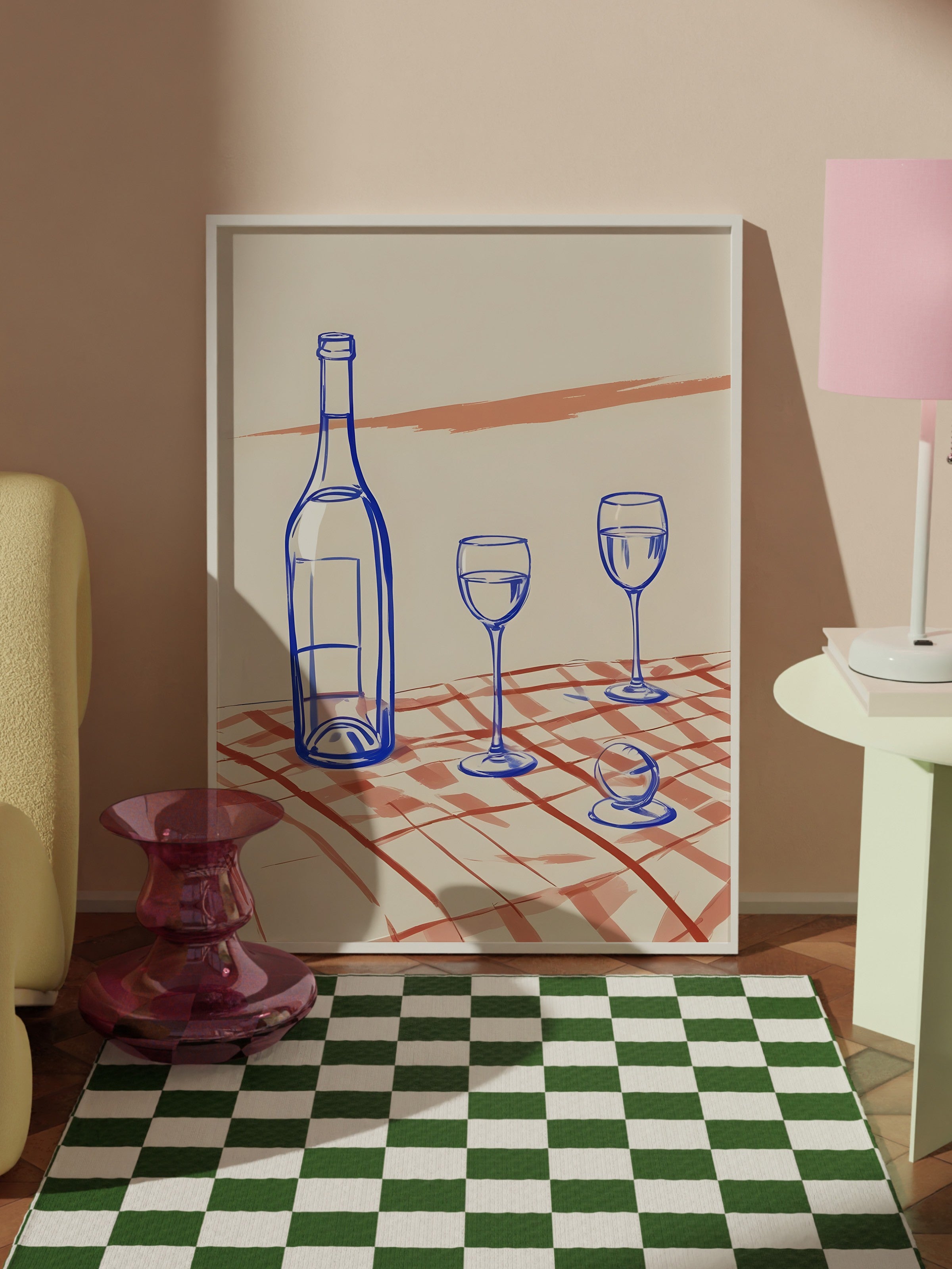 Beyaz Çerçeveli Tablo, Bottle & Glasses, Comfort Serisi Mutfak Duvar Tablosu, NO:109080