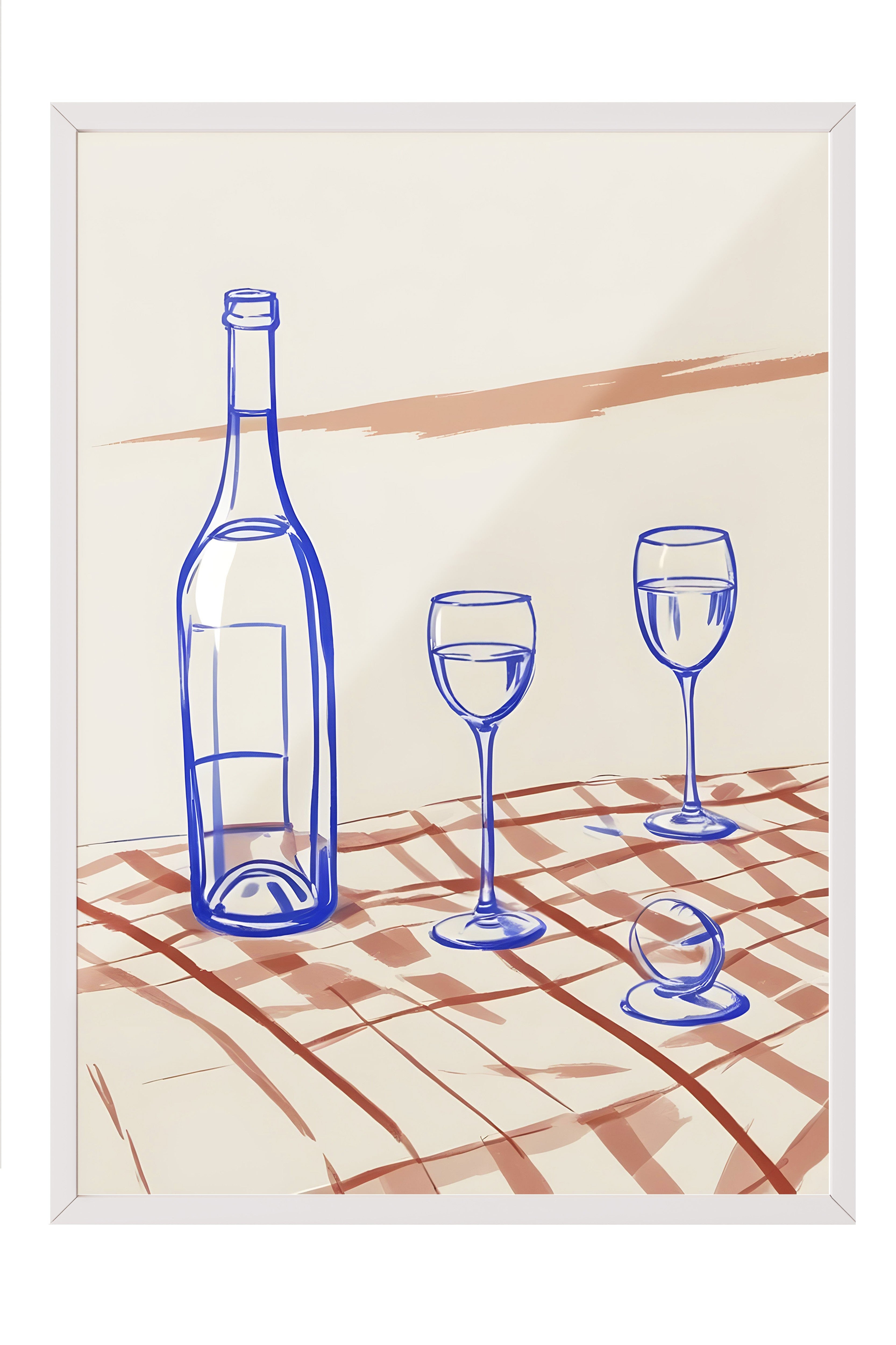 Beyaz Çerçeveli Tablo, Bottle & Glasses, Comfort Serisi Mutfak Duvar Tablosu, NO:109080