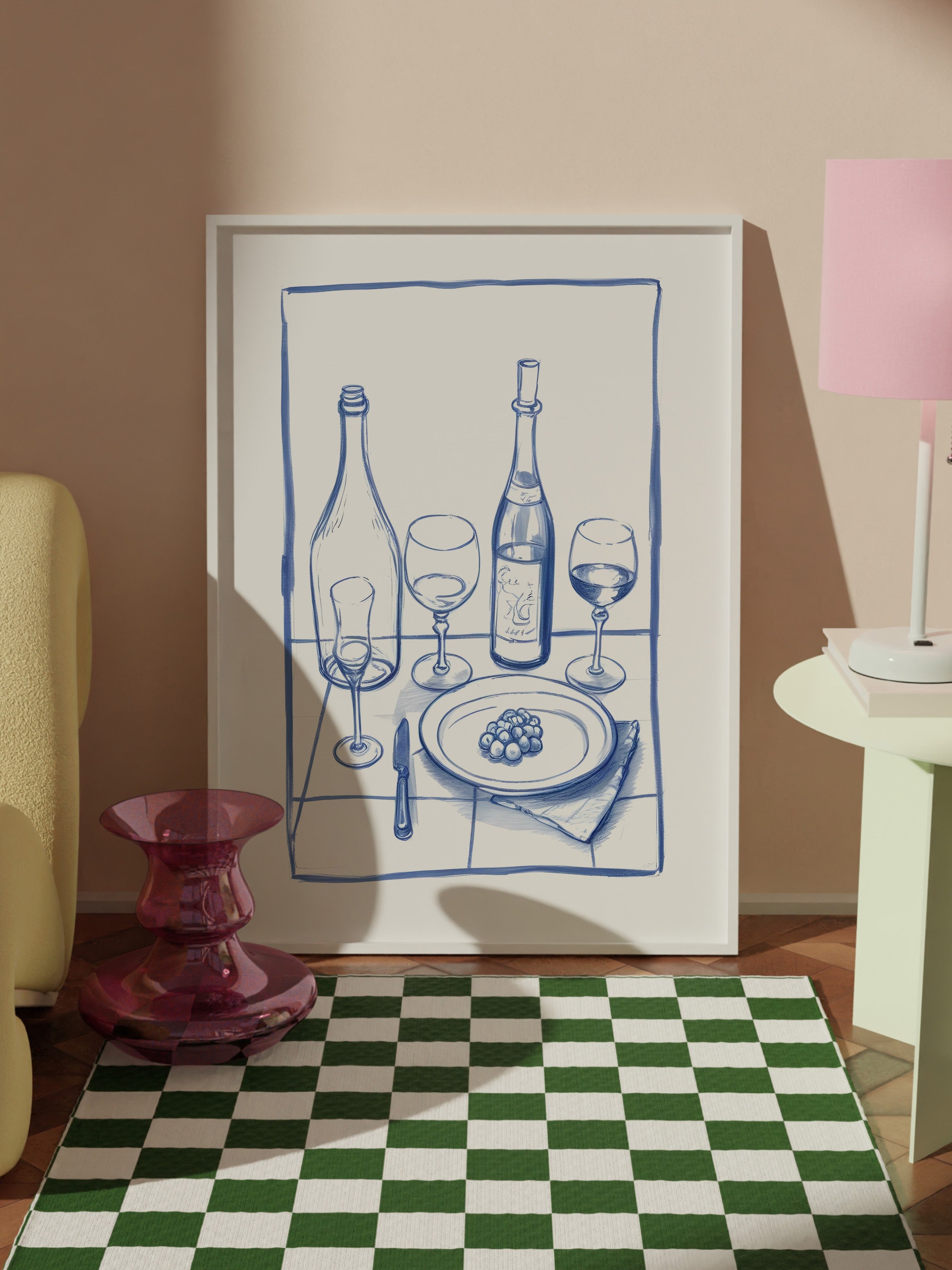 Beyaz Çerçeveli Tablo, Bottles & Glasses, Comfort Serisi Mutfak Duvar Tablosu, NO:109116