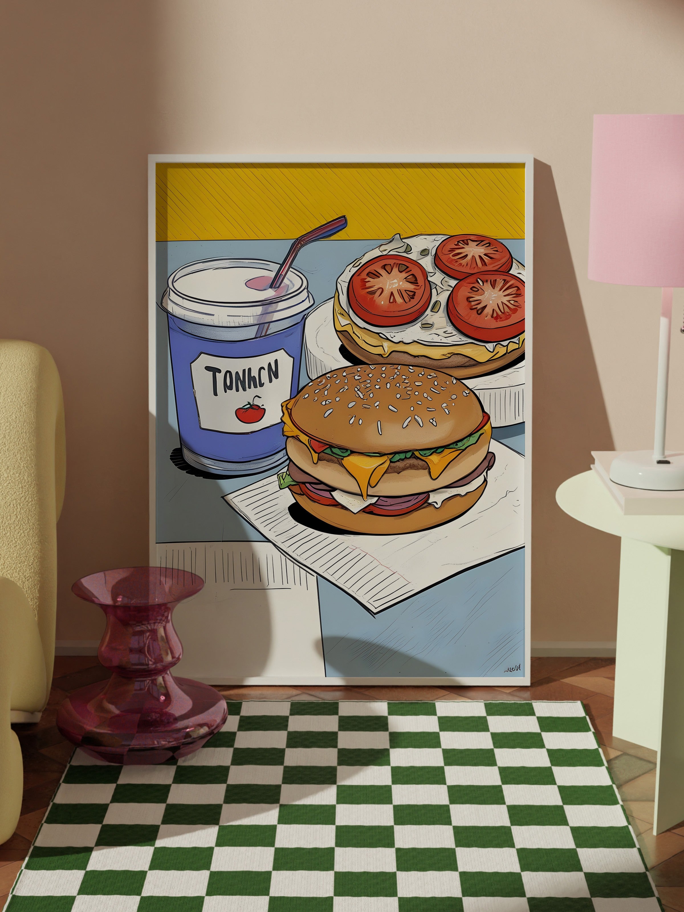Beyaz Çerçeveli Tablo, Burger With Coke, Comfort Serisi Mutfak Duvar Tablosu, NO:109144