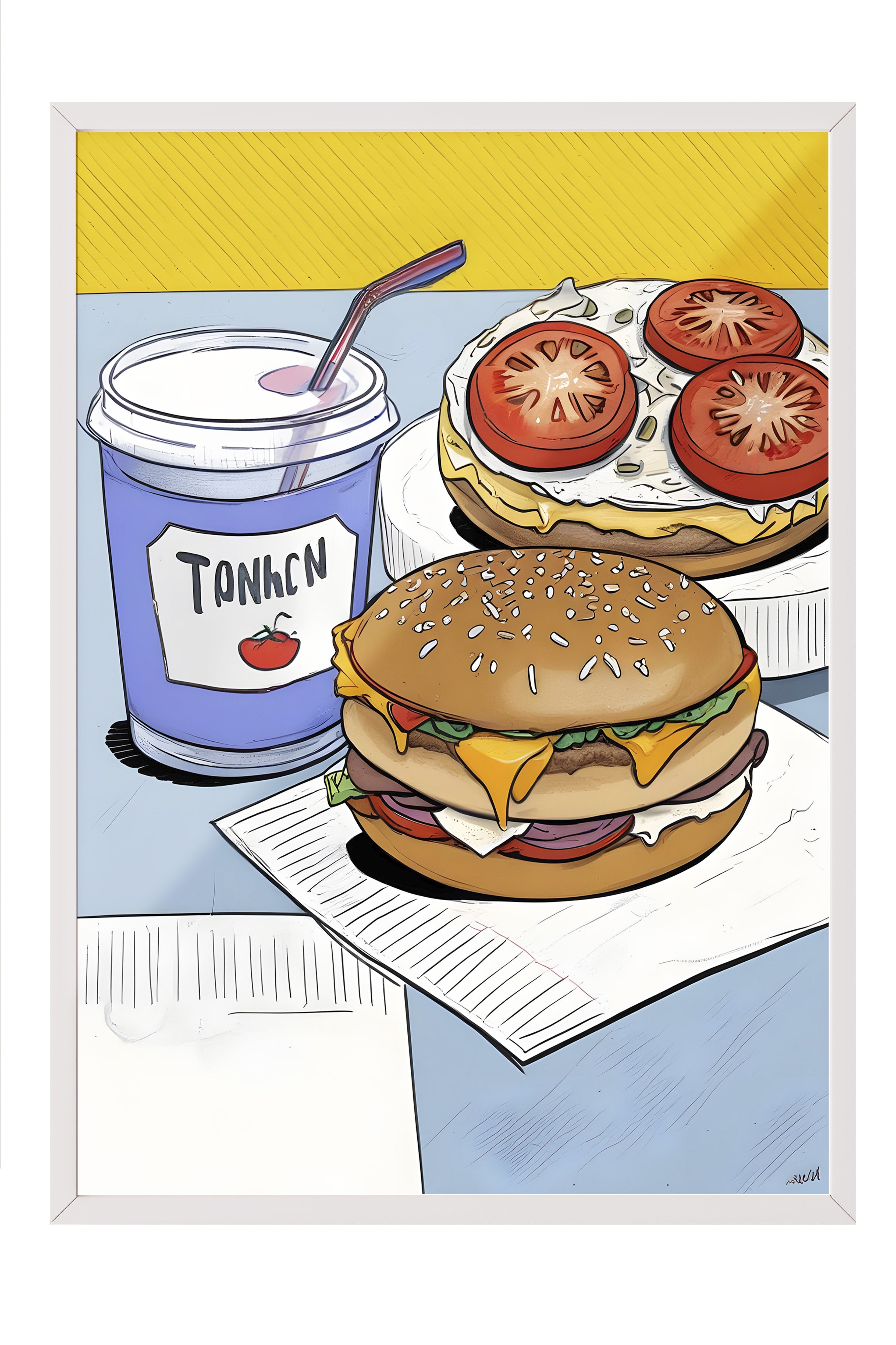 Beyaz Çerçeveli Tablo, Burger With Coke, Comfort Serisi Mutfak Duvar Tablosu, NO:109144