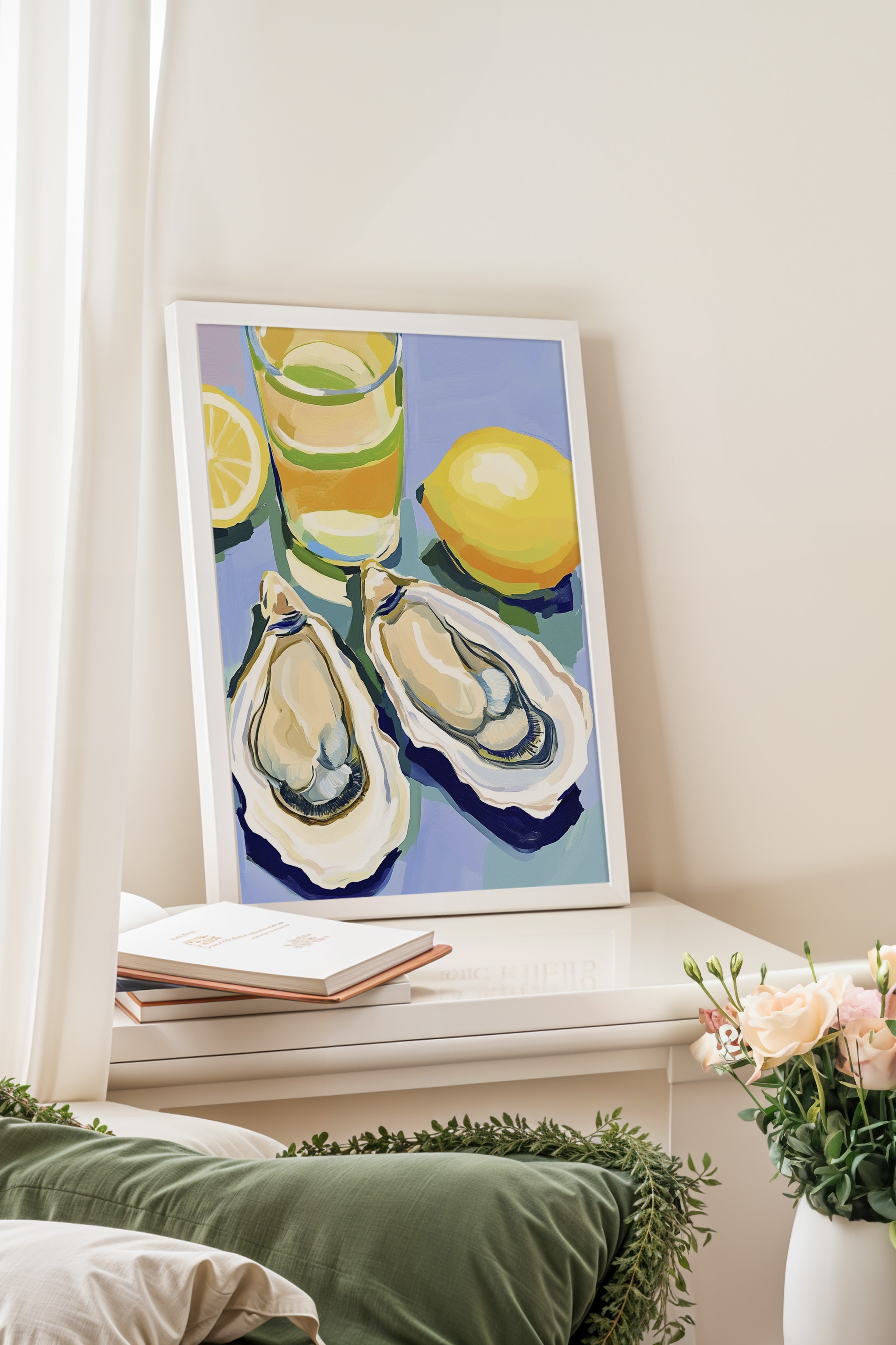 Beyaz Çerçeveli Tablo, Cam, İstiridye, Limon, Akrilik Resim, Çağdaş, Mavi, Sarı Renk Poster, 2025 Yaz Seçkisi, NO:109815
