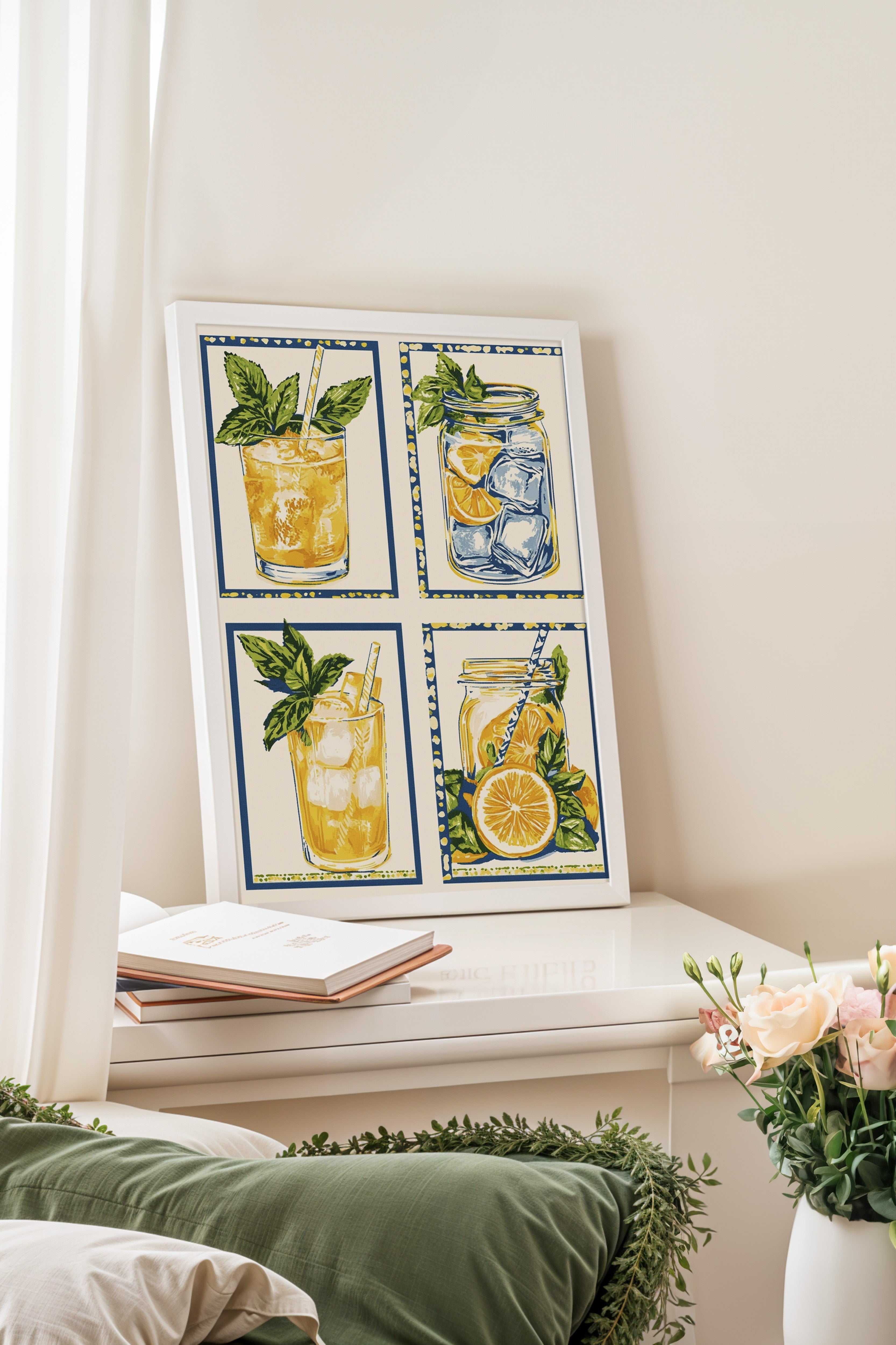 Beyaz Çerçeveli Tablo, Cam, Kavanoz, Limon, İllüstrasyon, Retro, Sarı, Mavi Renk Poster, 2025 Yaz Seçkisi, NO:109811