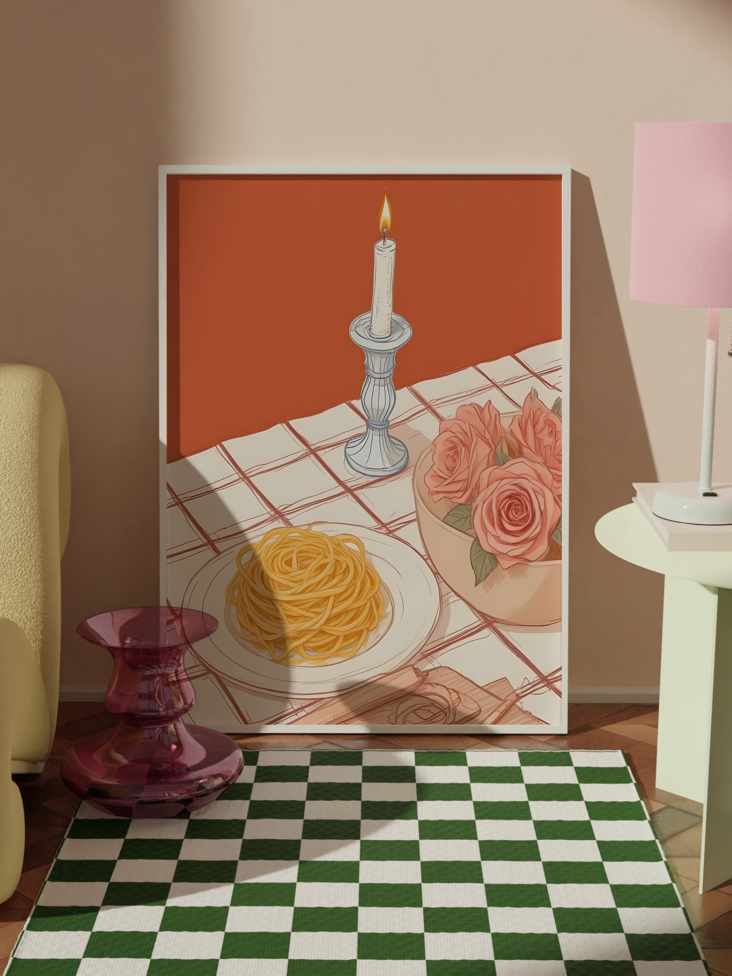 Beyaz Çerçeveli Tablo, Candlestick With Pasta, Comfort Serisi Mutfak Duvar Tablosu, NO:109107