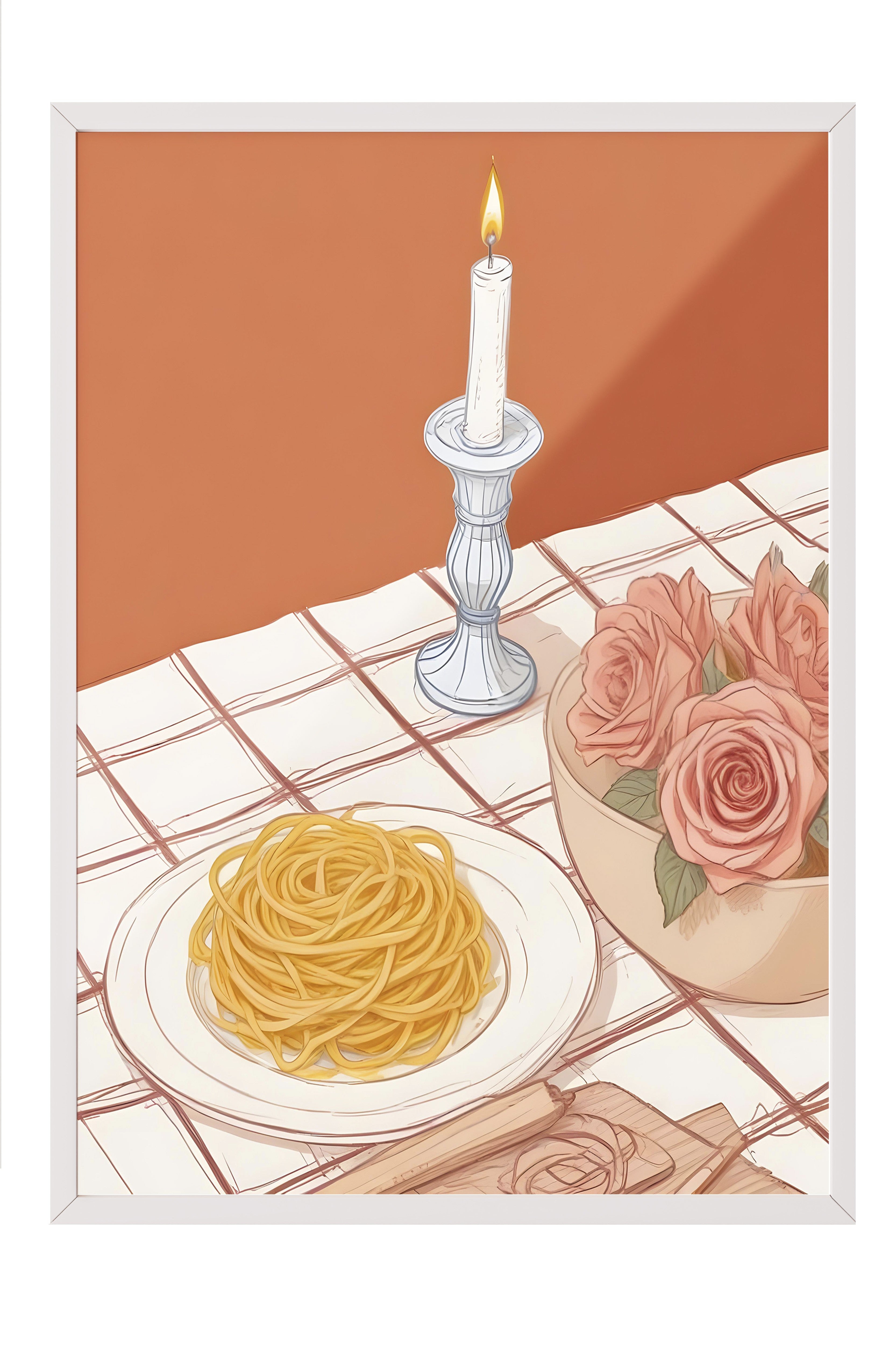 Beyaz Çerçeveli Tablo, Candlestick With Pasta, Comfort Serisi Mutfak Duvar Tablosu, NO:109107