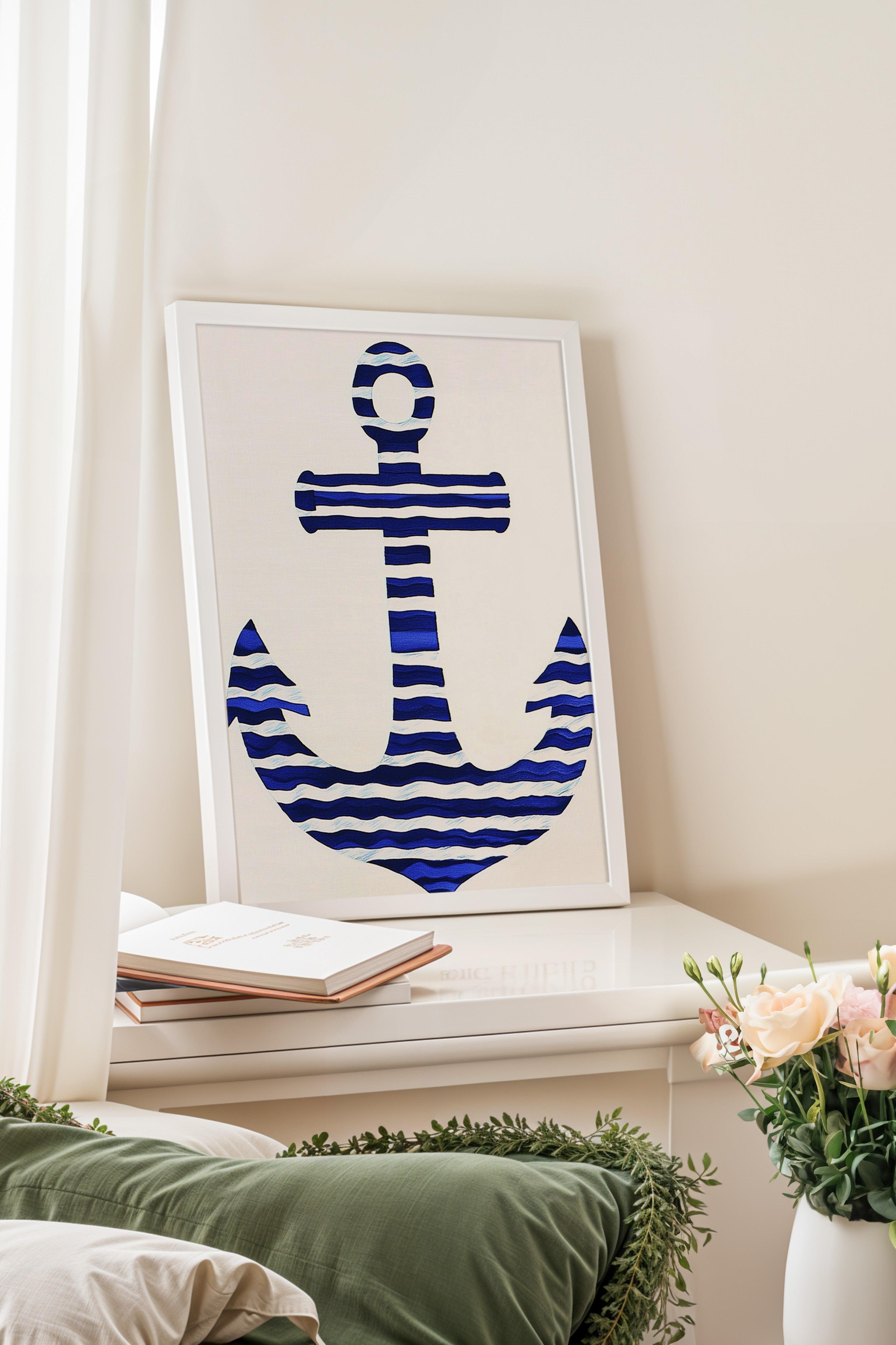 Beyaz Çerçeveli Tablo, Çapa, Düz İllüstrasyon, Minimalist, Mavi, Beyaz Renk Poster, 2025 Yaz Seçkisi, NO:109816