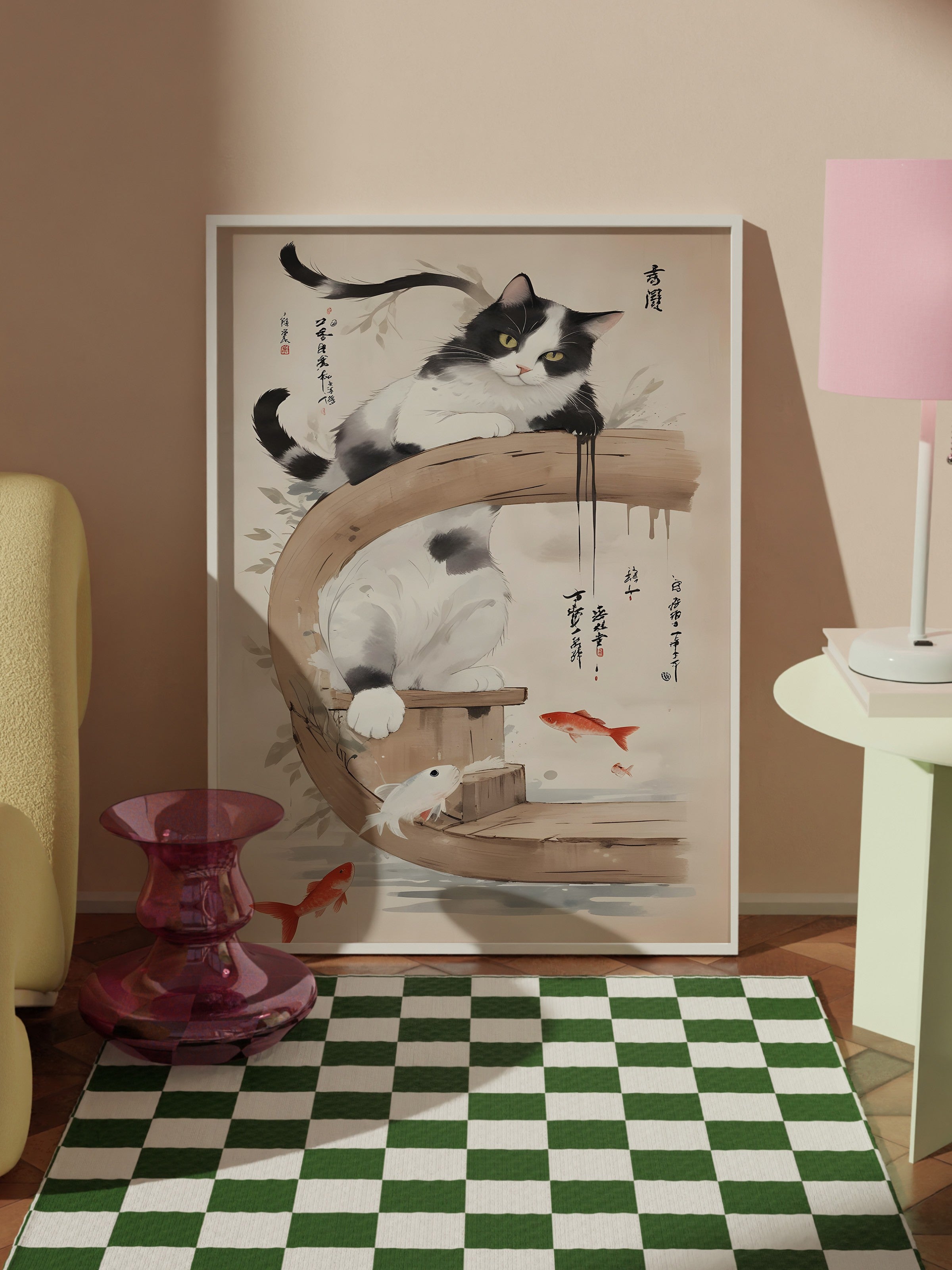 Beyaz Çerçeveli Tablo, Cat On A Japanese Tree, Comfort Serisi Mutfak Duvar Tablosu, NO:109163