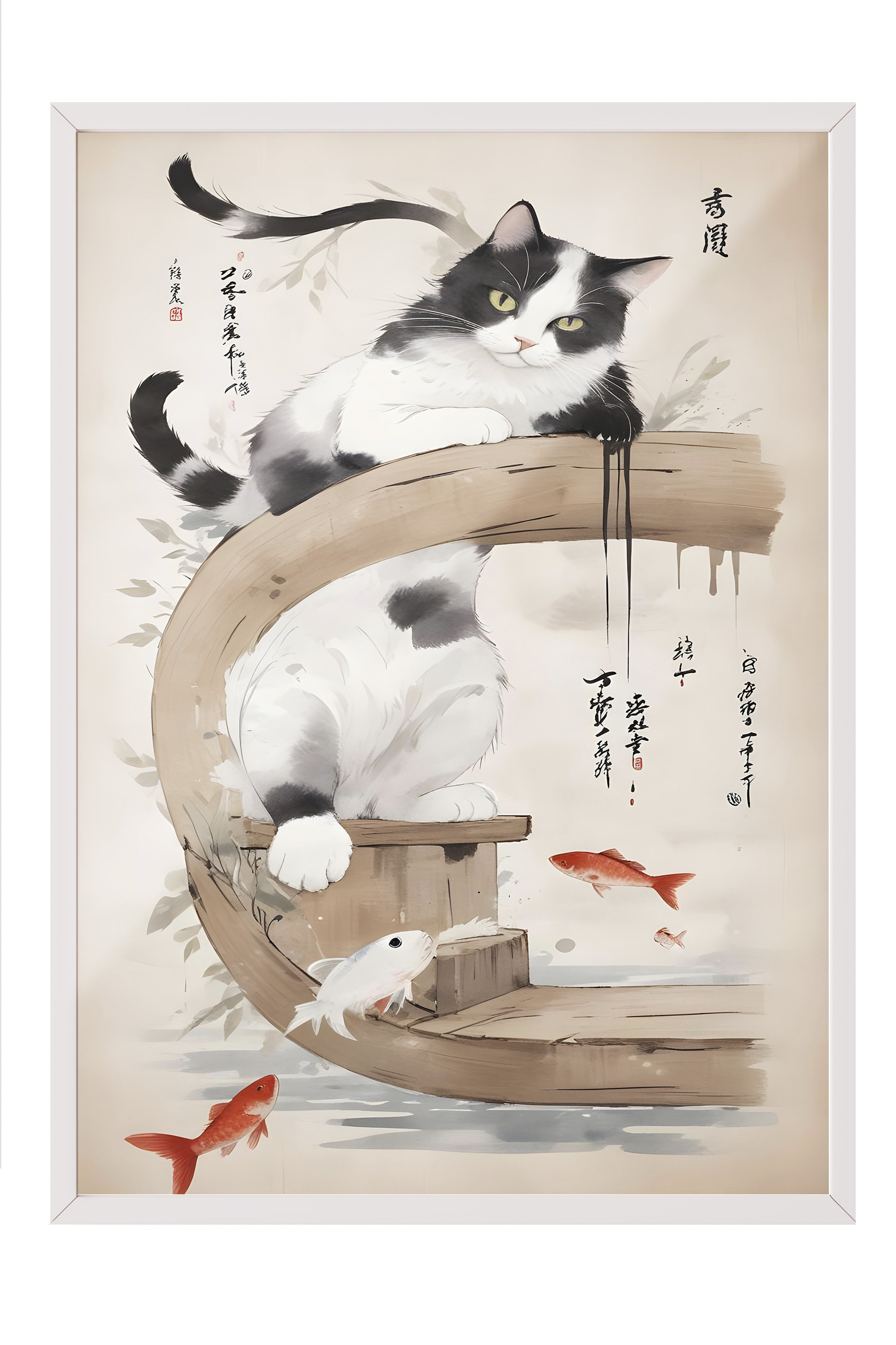 Beyaz Çerçeveli Tablo, Cat On A Japanese Tree, Comfort Serisi Mutfak Duvar Tablosu, NO:109163
