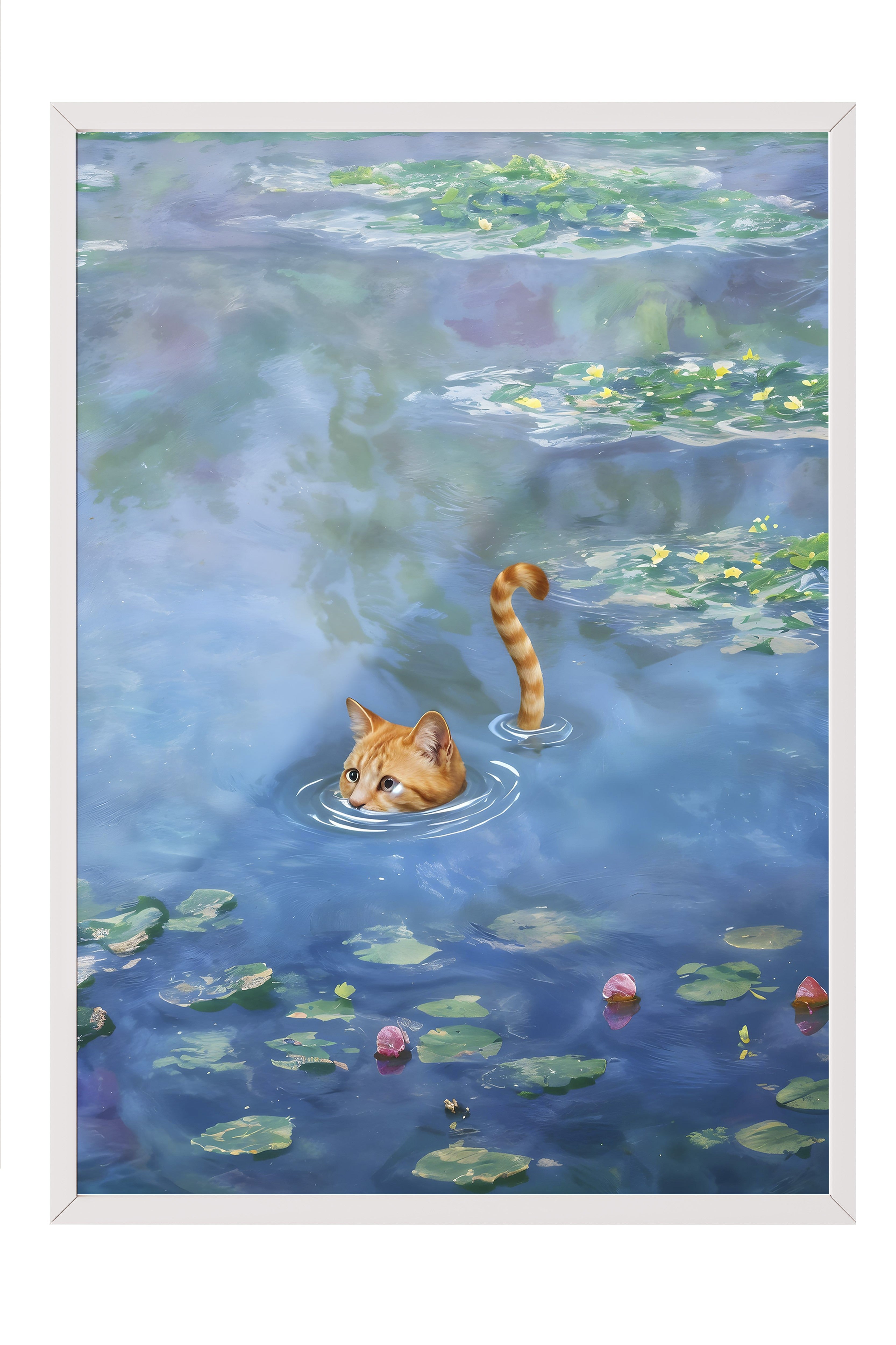 Beyaz Çerçeveli Tablo, Cat Print Monet Waterlily - 1, Comfort Serisi Mutfak Duvar Tablosu, NO:108966