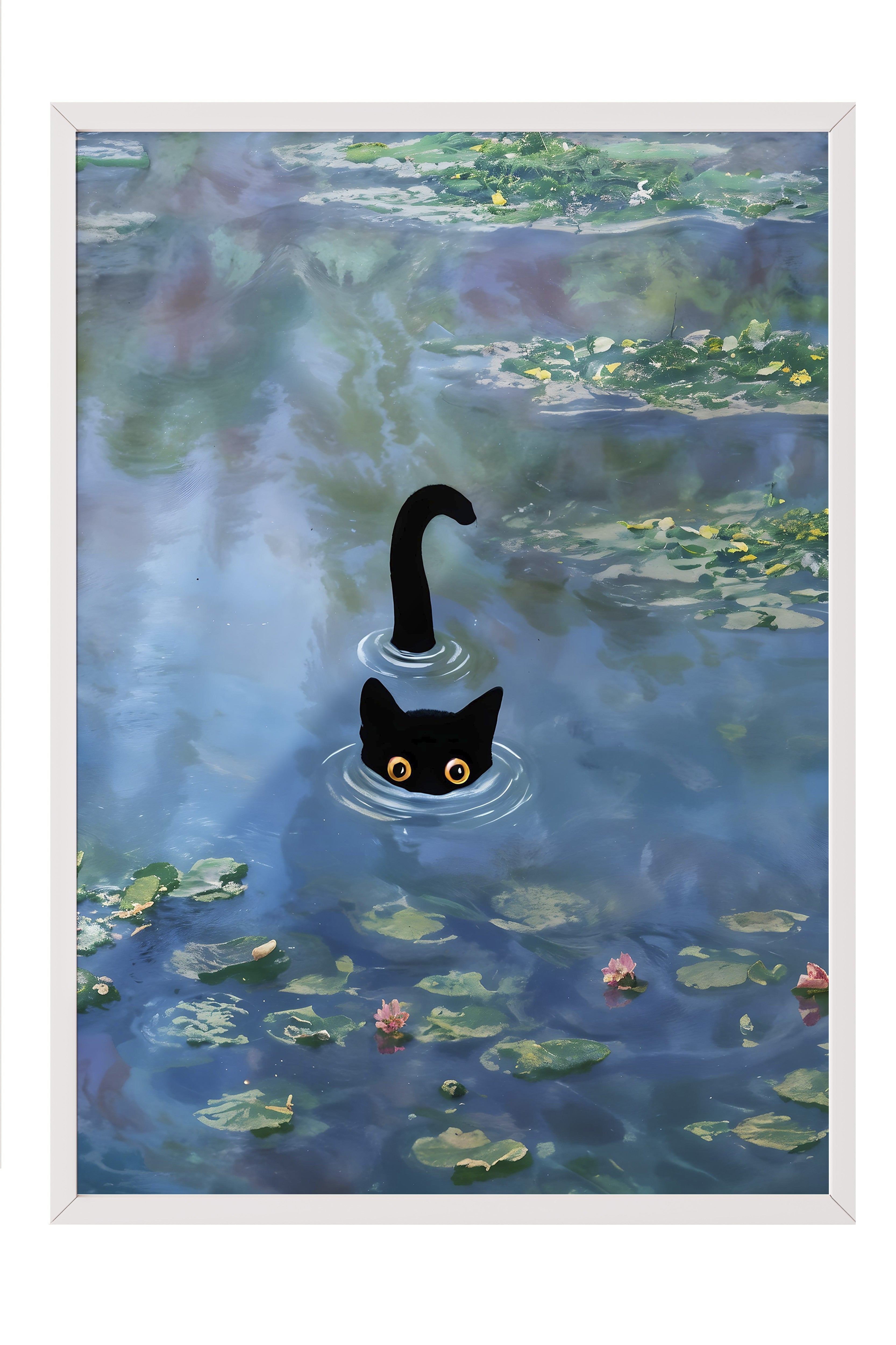 Beyaz Çerçeveli Tablo, Cat Print Monet Waterlily - 2, Comfort Serisi Mutfak Duvar Tablosu, NO:108967
