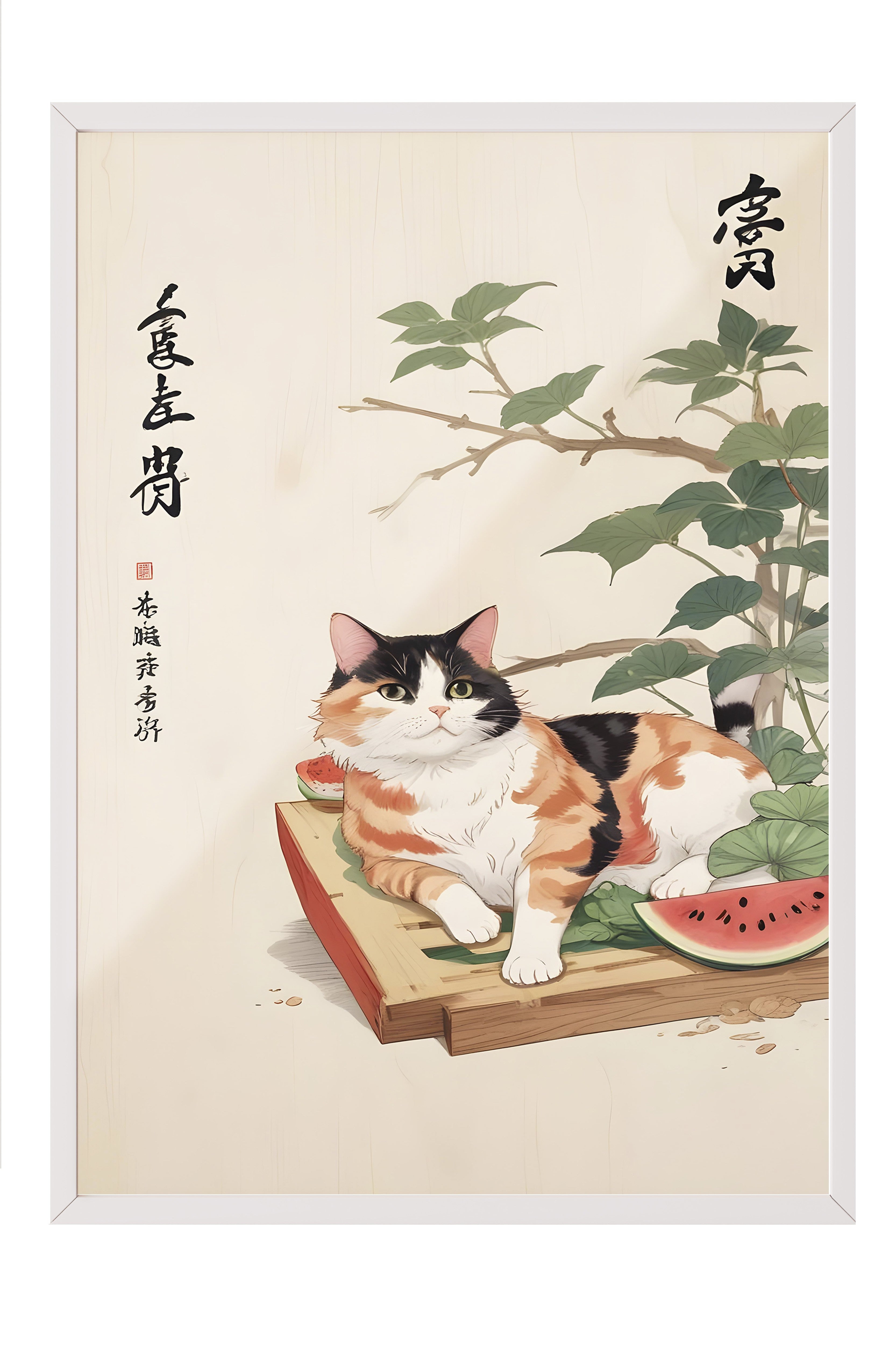 Beyaz Çerçeveli Tablo, Cat Sleeping With Watermelon, Comfort Serisi Mutfak Duvar Tablosu, NO:109164