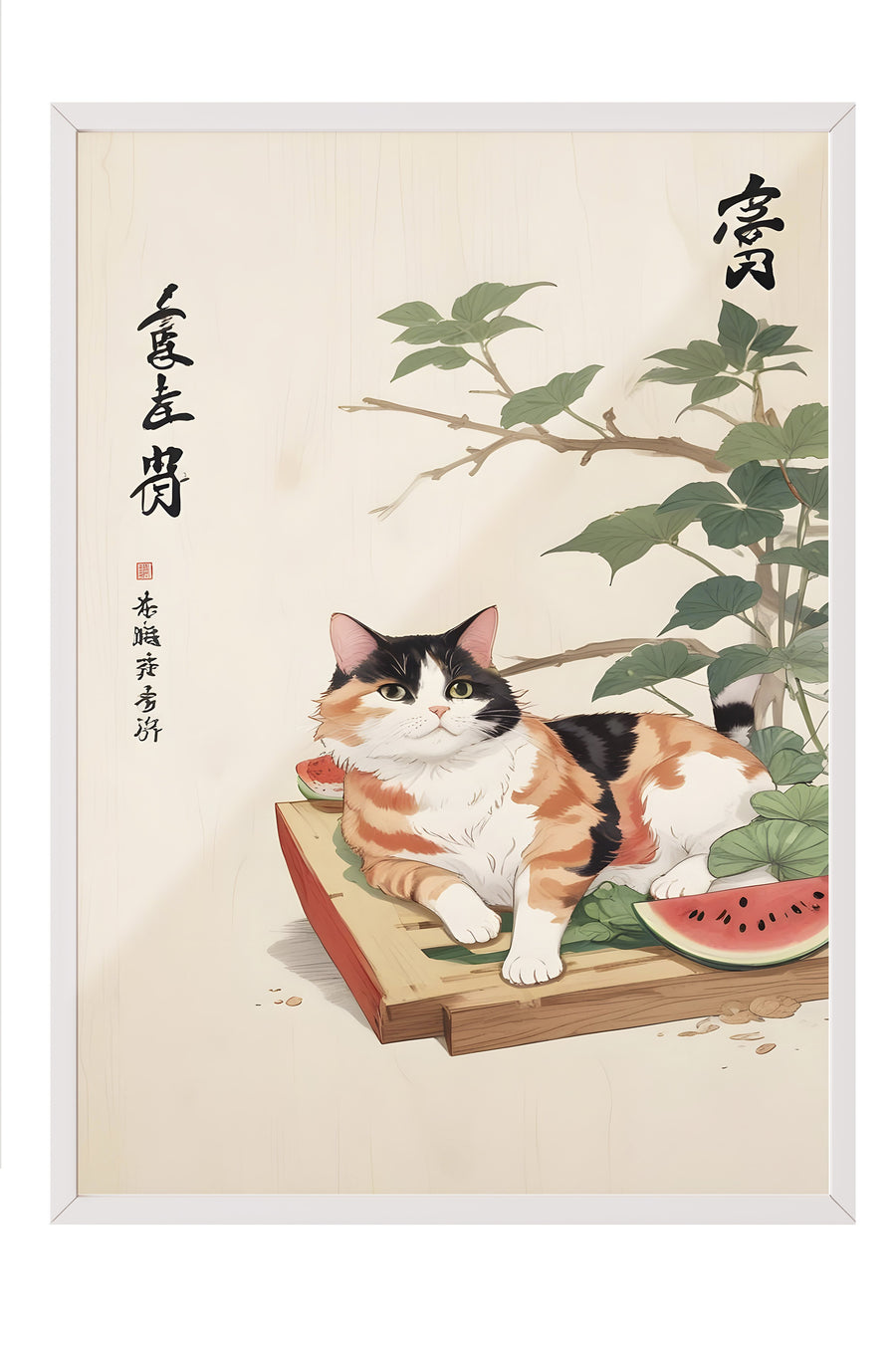 Beyaz Çerçeveli Tablo, Cat Sleeping With Watermelon, Comfort Serisi Mutfak Duvar Tablosu, NO:109164