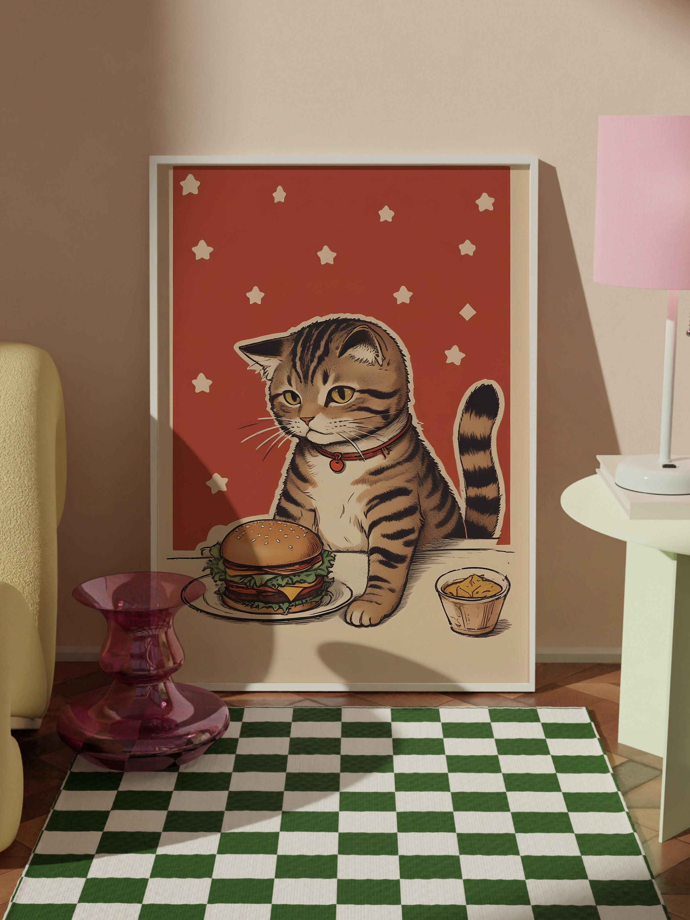 Beyaz Çerçeveli Tablo, Cat With A Burger, Comfort Serisi Mutfak Duvar Tablosu, NO:109086
