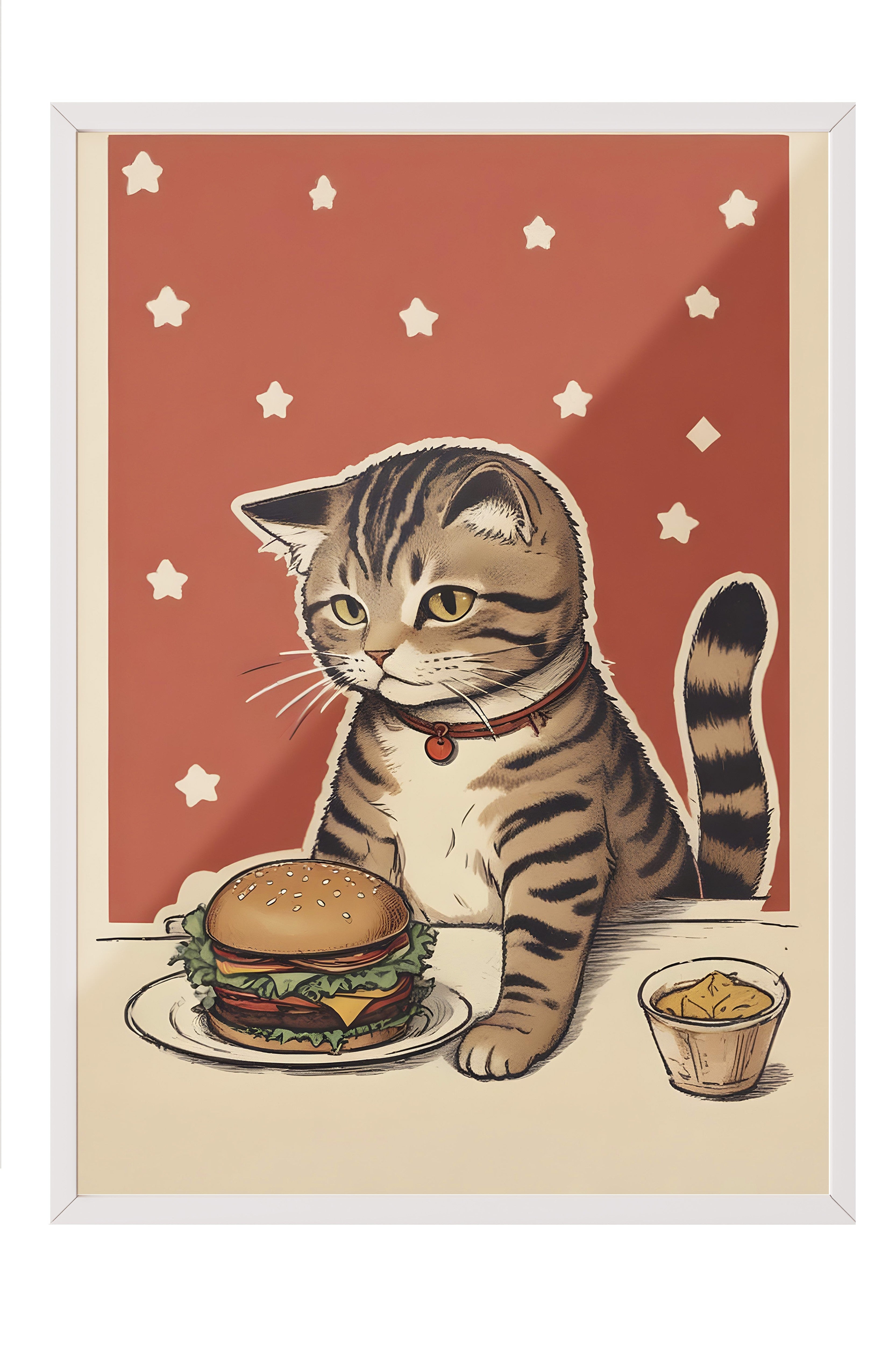 Beyaz Çerçeveli Tablo, Cat With A Burger, Comfort Serisi Mutfak Duvar Tablosu, NO:109086