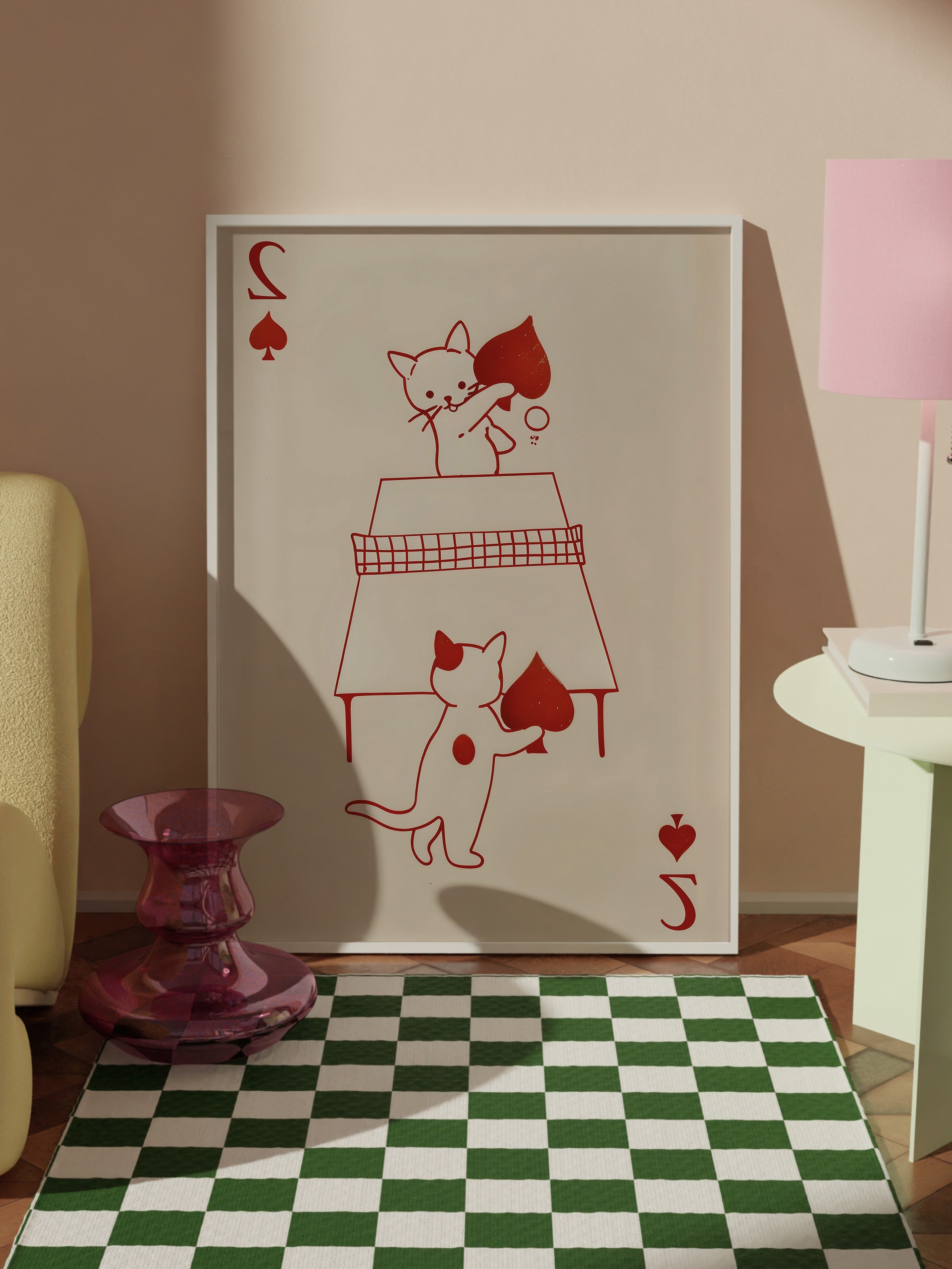 Beyaz Çerçeveli Tablo, Cats Playing Card, Comfort Serisi Poster ve Duvar Tablosu, NO:108937