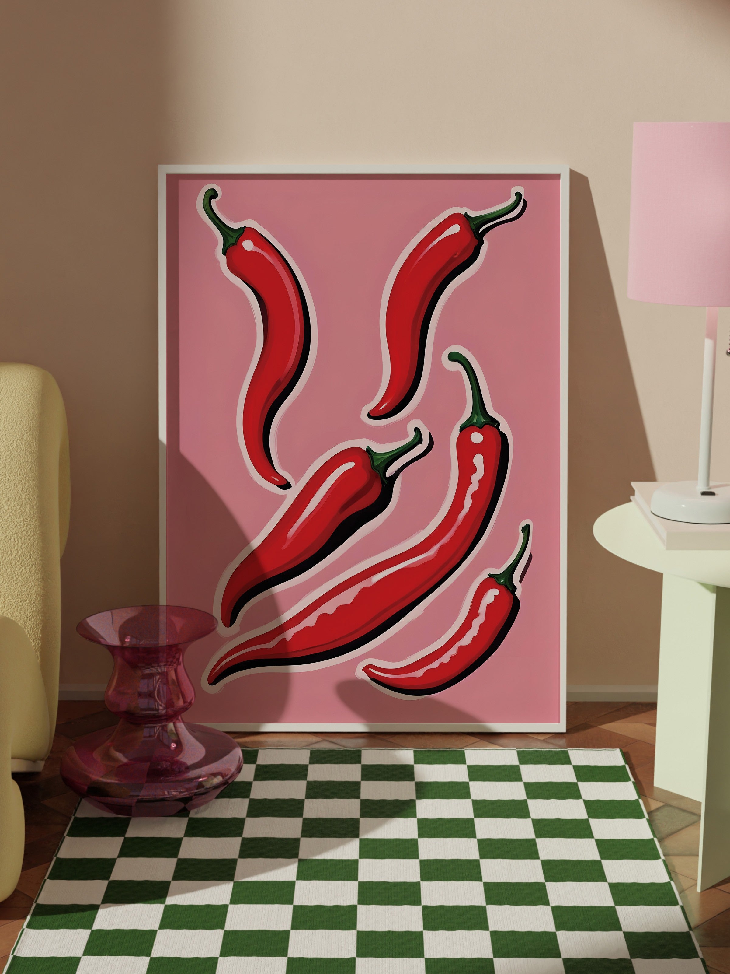 Beyaz Çerçeveli Tablo, Chili Pepper, Comfort Serisi Mutfak Duvar Tablosu, NO:109057