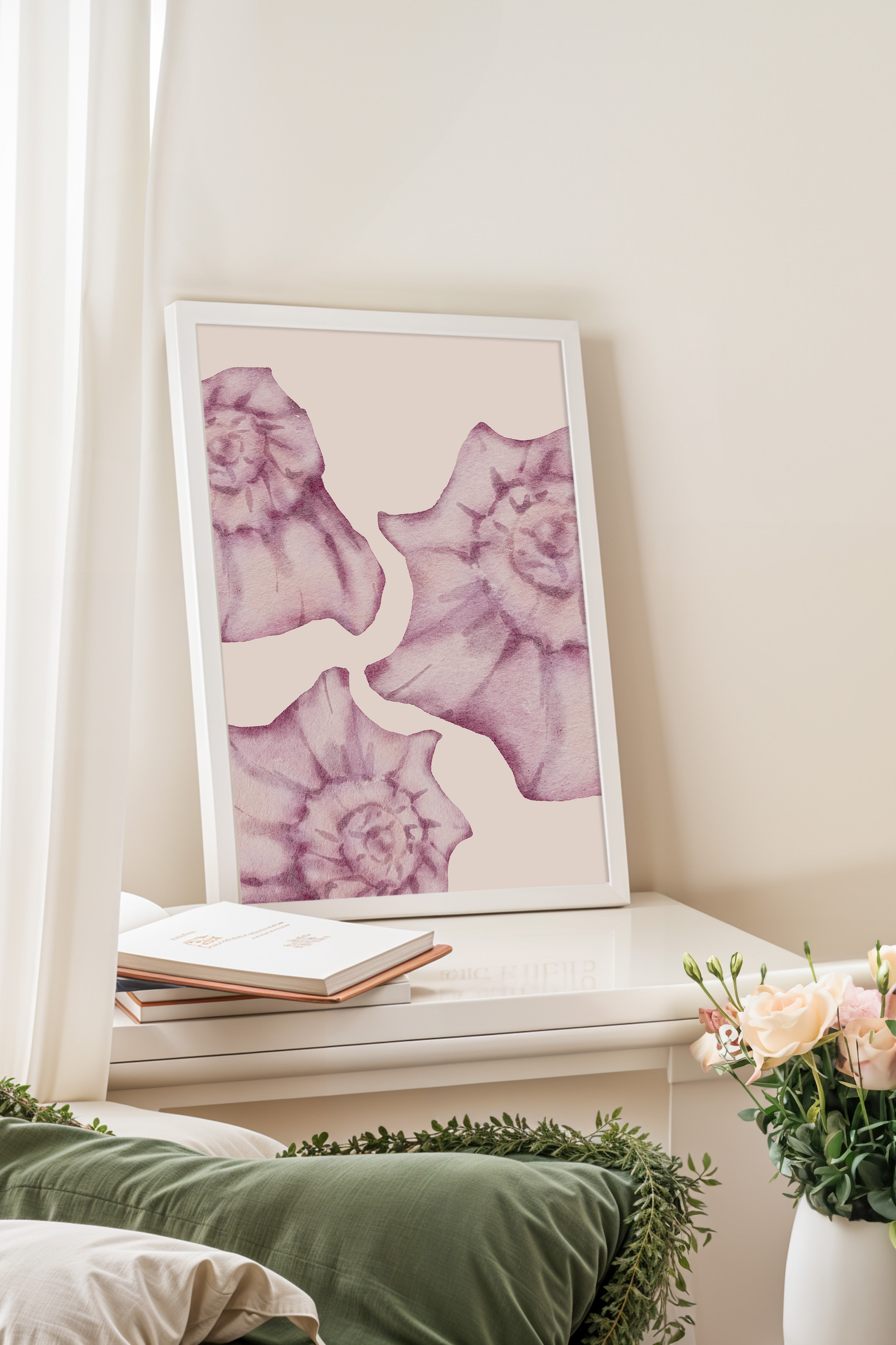 Beyaz Çerçeveli Tablo, Çiçekler, sulu boya, Botanical, Pastel Tonlar, Pembe Renk Poster, 2025 Yaz Seçkisi, NO:109856