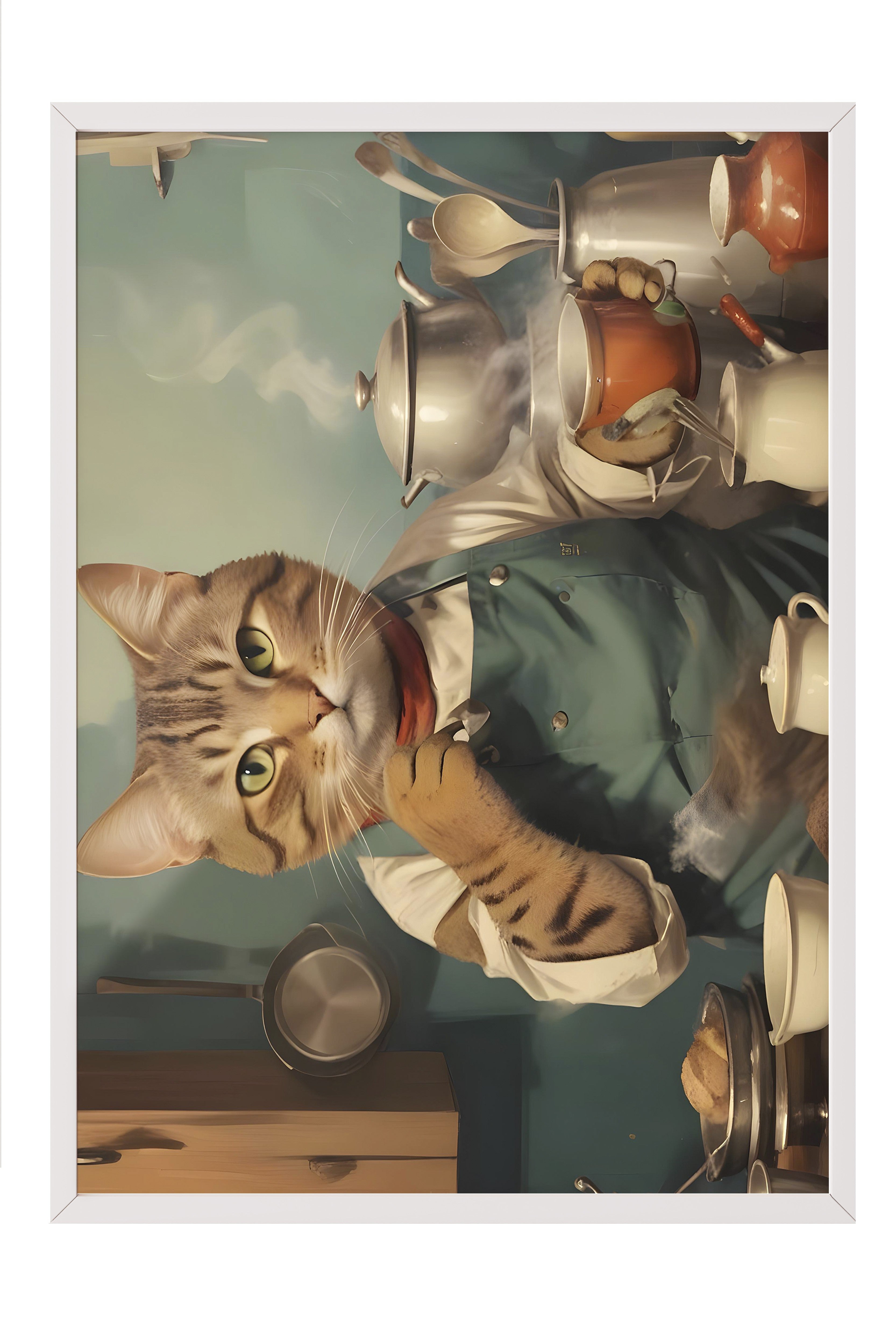 Beyaz Çerçeveli Tablo, Coffee Station Cat, Comfort Serisi Poster ve Duvar Tablosu, NO:108929