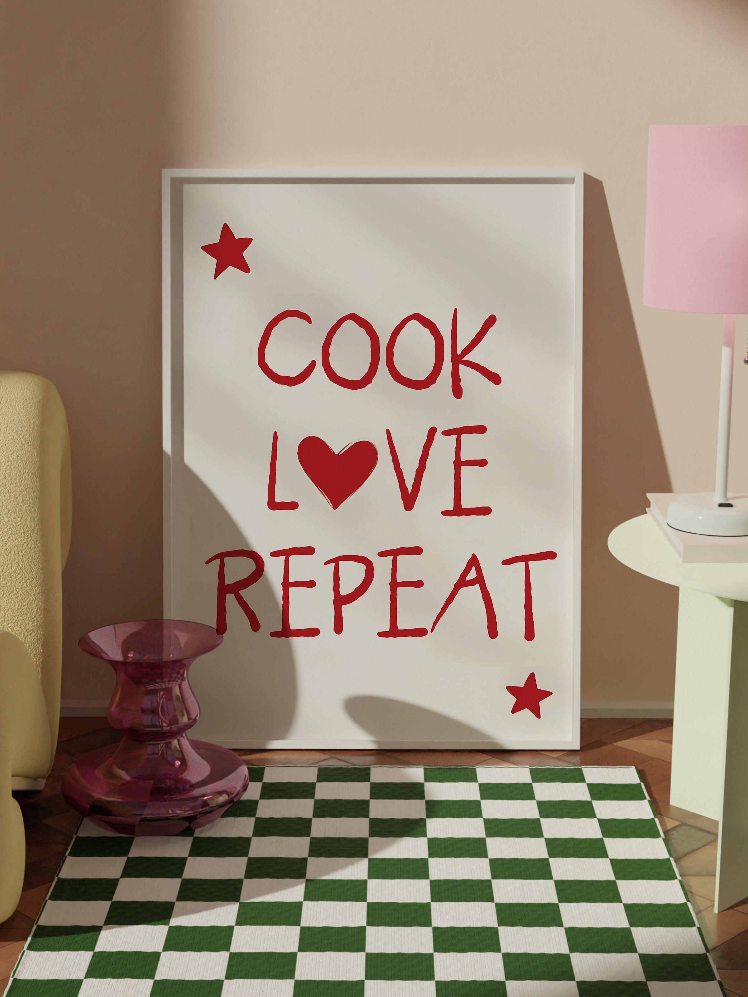 Beyaz Çerçeveli Tablo, Cook, Love, Repeat, Comfort Serisi Mutfak Duvar Tablosu, NO:109051