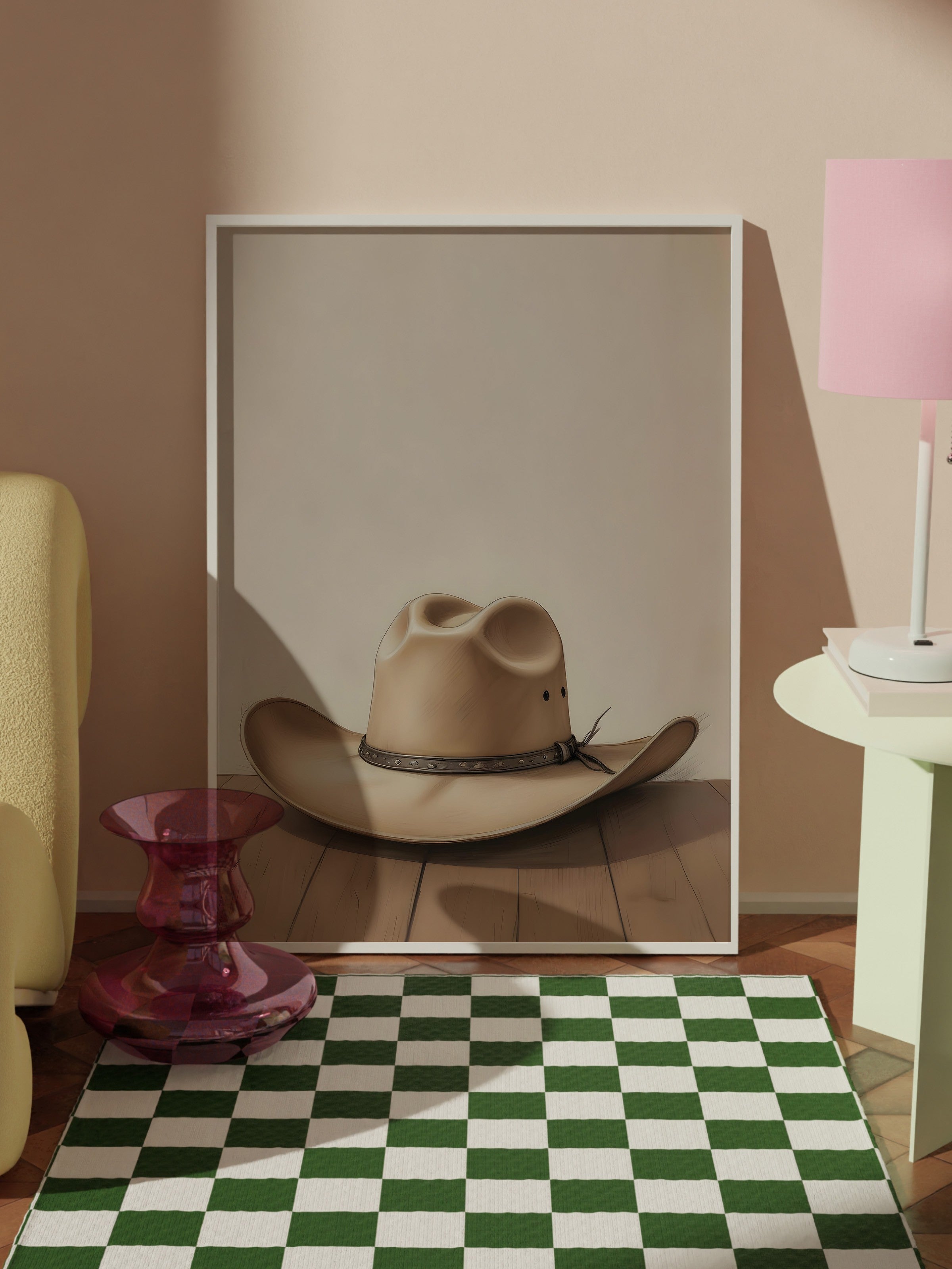 Beyaz Çerçeveli Tablo, Cowboy Hat, Comfort Serisi Mutfak Duvar Tablosu, NO:108956