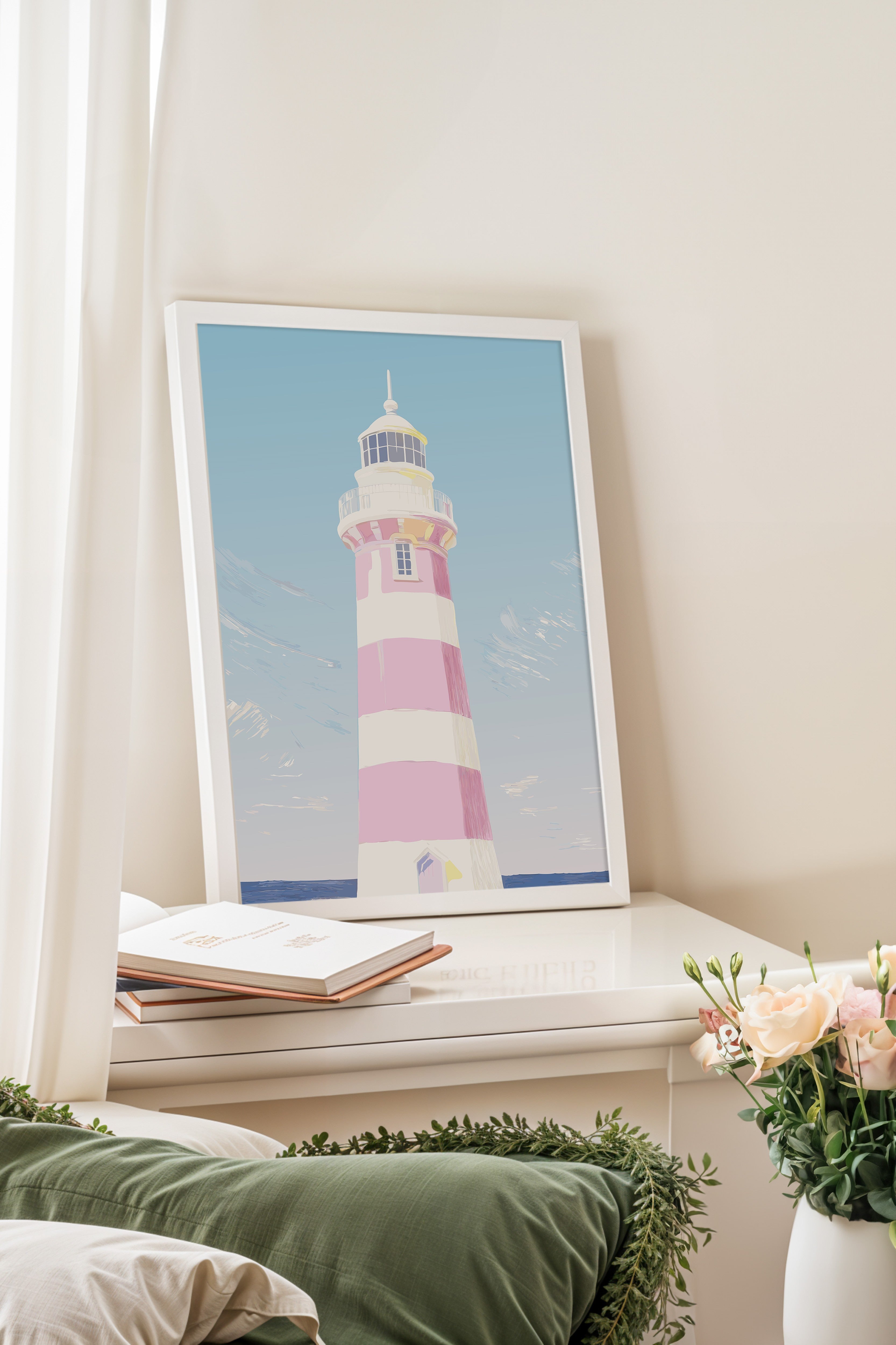 Beyaz Çerçeveli Tablo, Deniz feneri, illüstrasyon, Pastel Tonlar, Mavi Renk Poster, 2025 Yaz Seçkisi, NO:109862