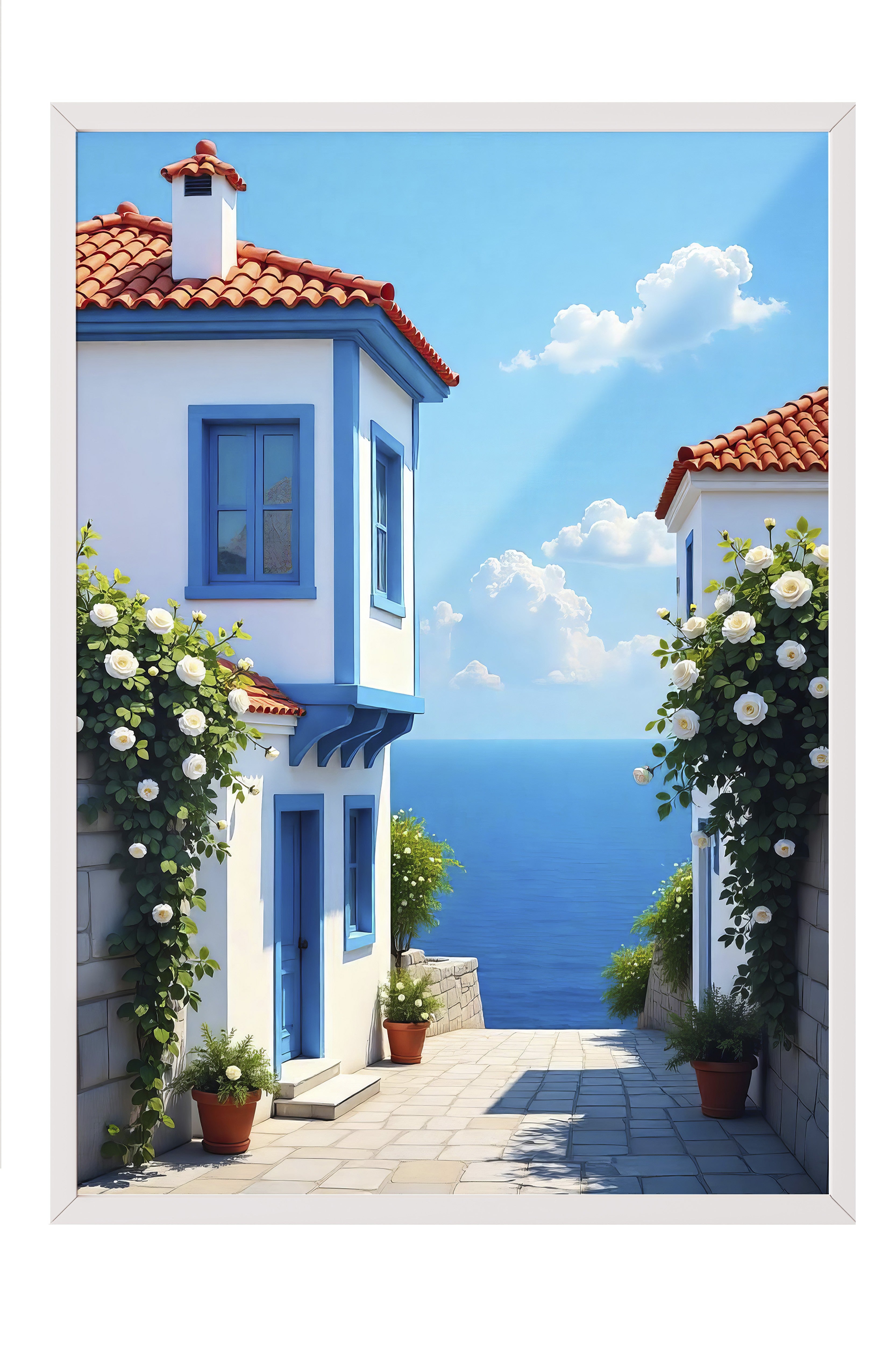 Beyaz Çerçeveli Tablo, Deniz Manzaralı Ev, Fotoğraf, Mavi Renk Poster, 2025 Yaz Seçkisi, NO:109705