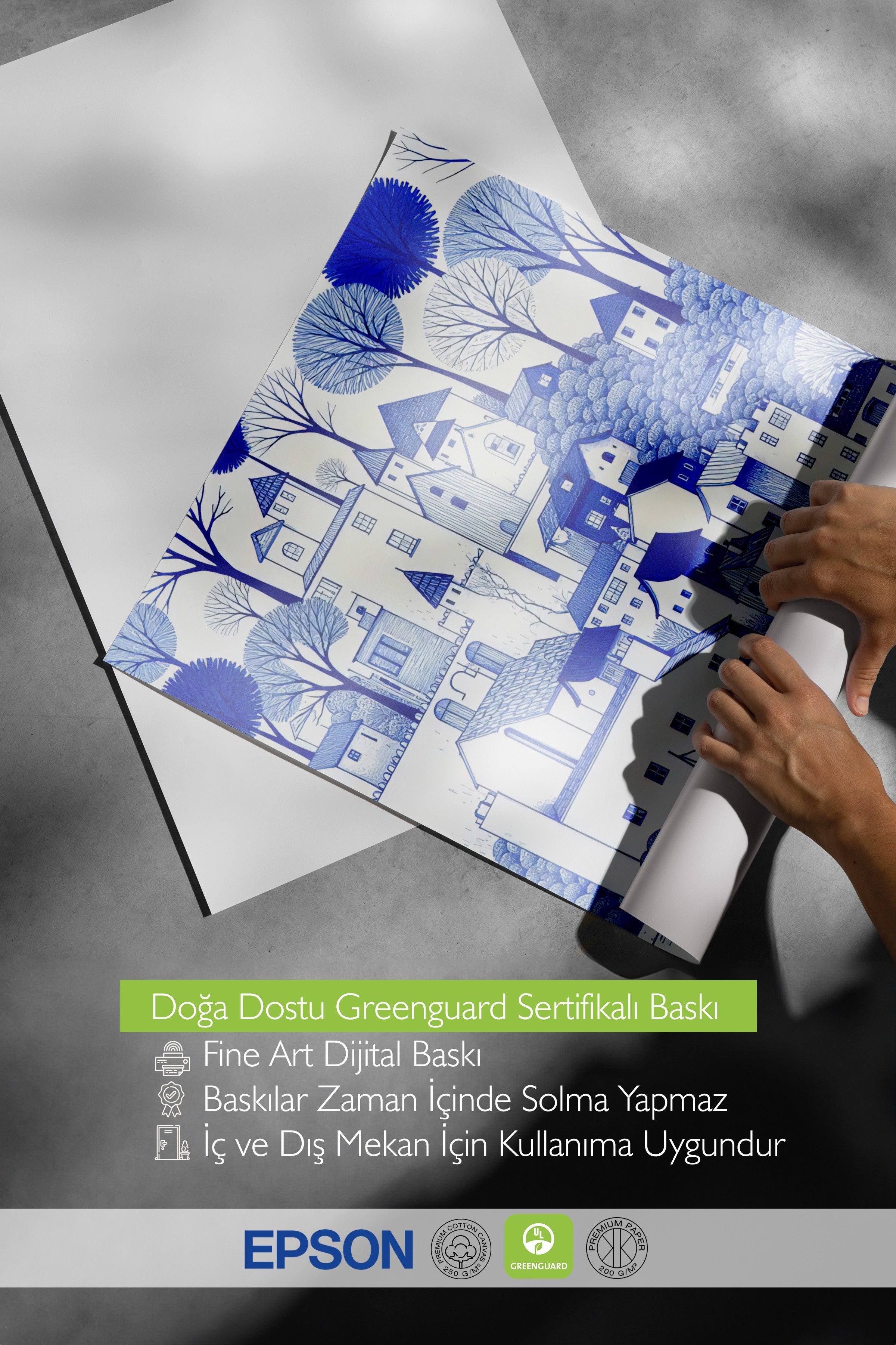 Beyaz Çerçeveli Tablo, Deniz ve Ev Manzarası, İllüstrasyon, Mavi Renk Poster, 2025 Yaz Seçkisi, NO:109724