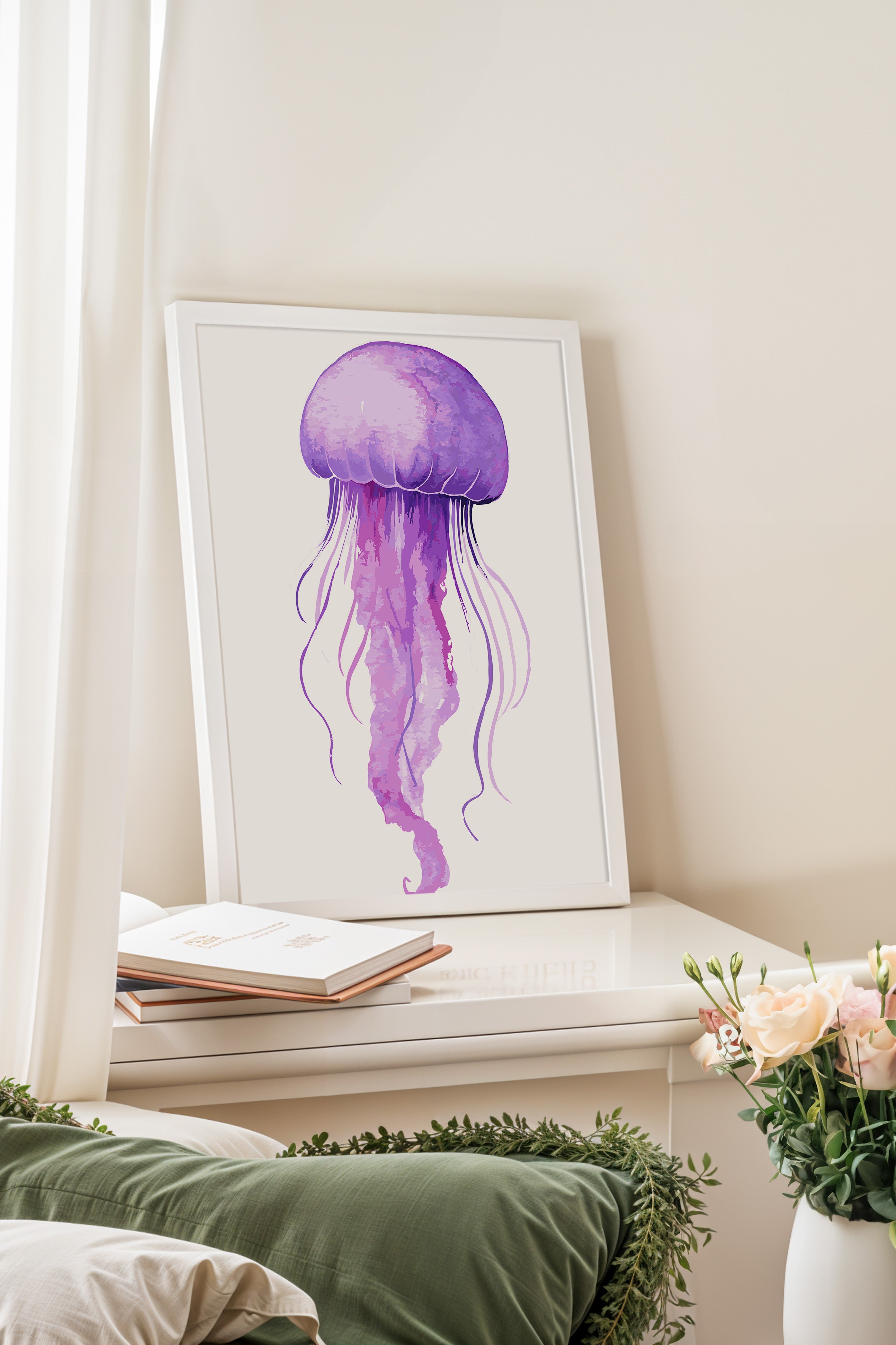 Beyaz Çerçeveli Tablo, Denizanası, sulu boya, illüstrasyon, Mor, Pastel Tonlar Renk Poster, 2025 Yaz Seçkisi, NO:109873