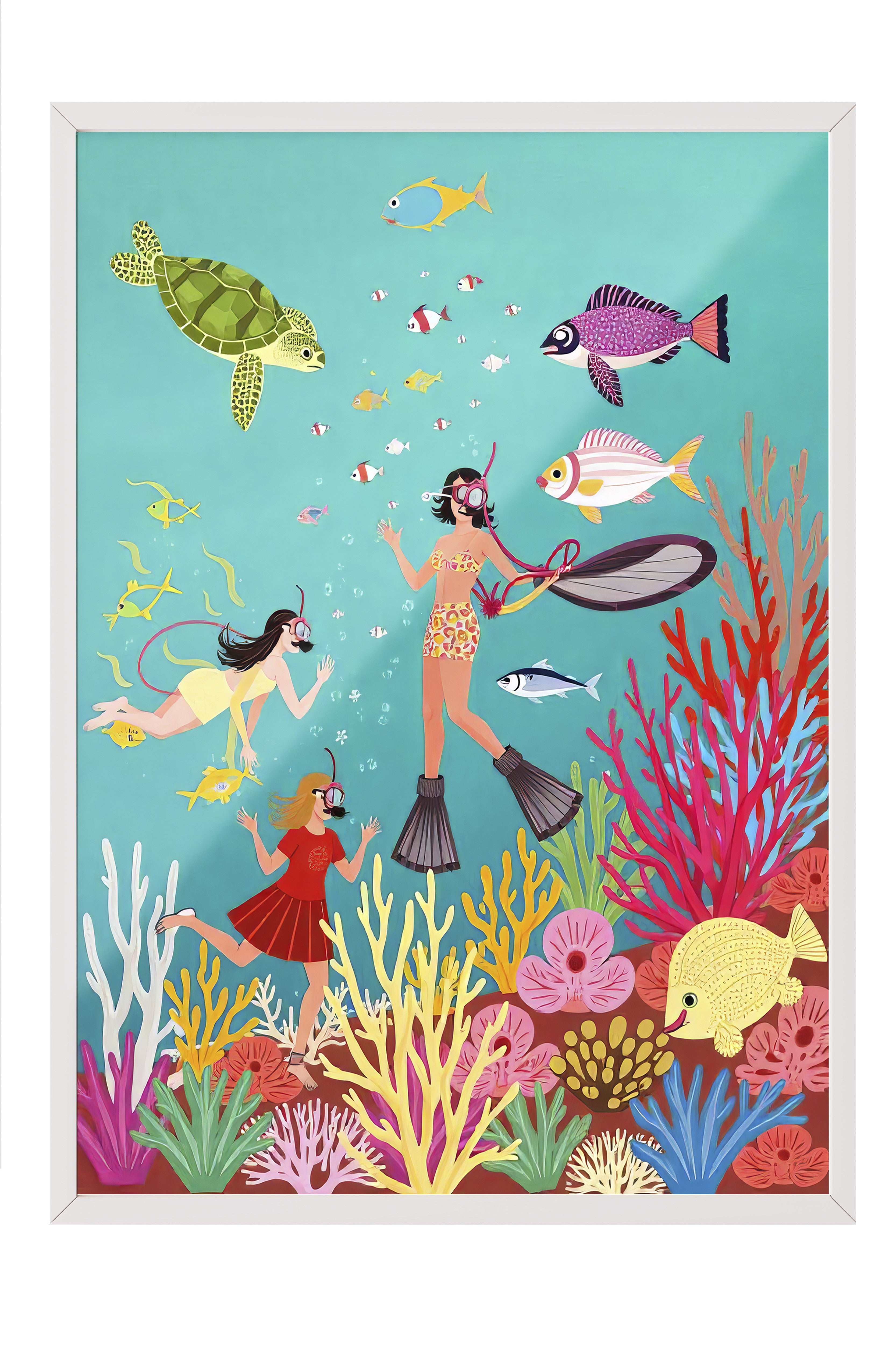Beyaz Çerçeveli Tablo, Denizde Keşif, İllüstrasyon, Maximalist, Renkli Renk Poster, 2025 Yaz Seçkisi, NO:109770