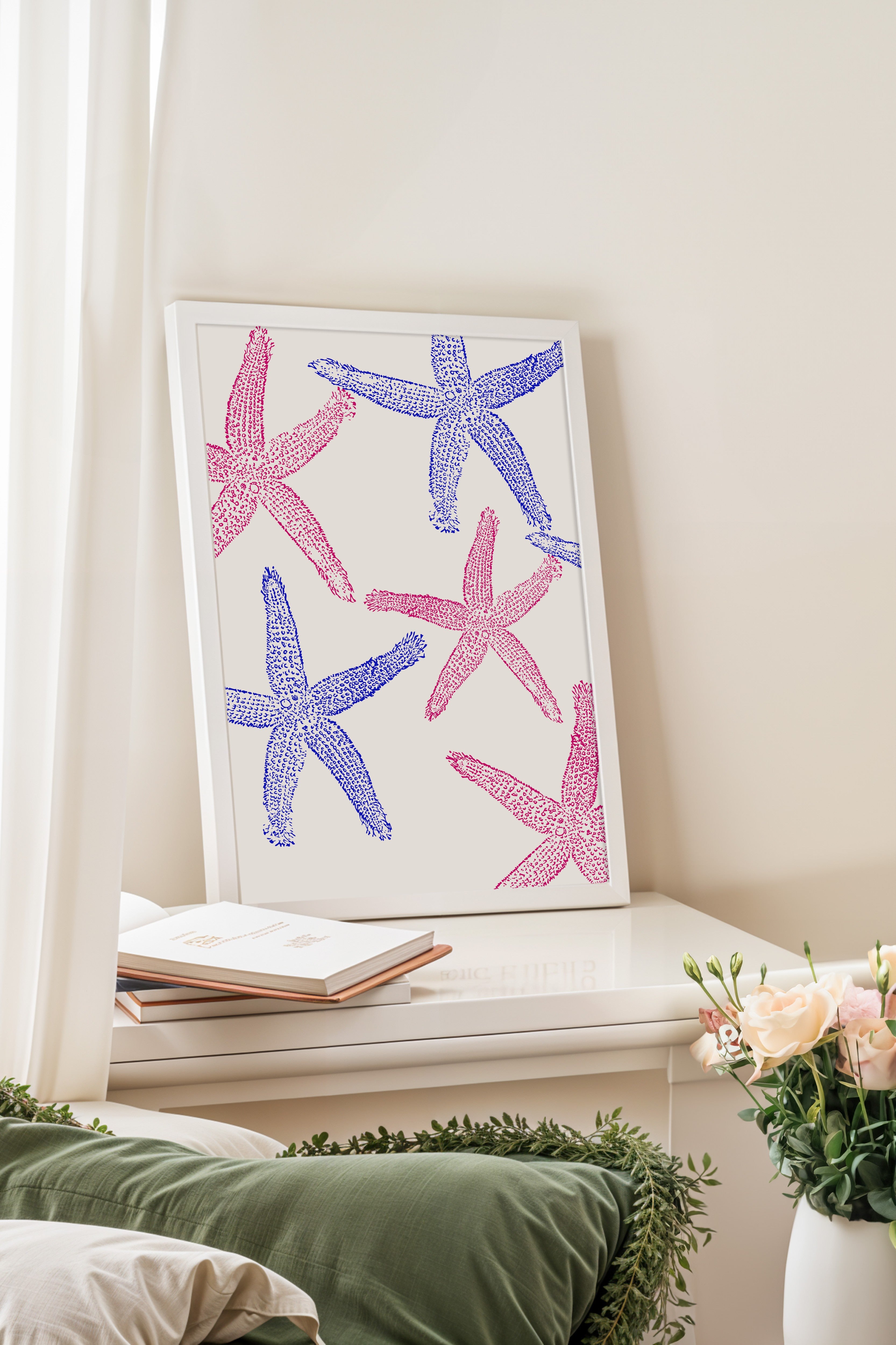 Beyaz Çerçeveli Tablo, Denizyıldızı, Düz İllüstrasyon, Mavi, Pembe Renk Poster, 2025 Yaz Seçkisi, NO:109838