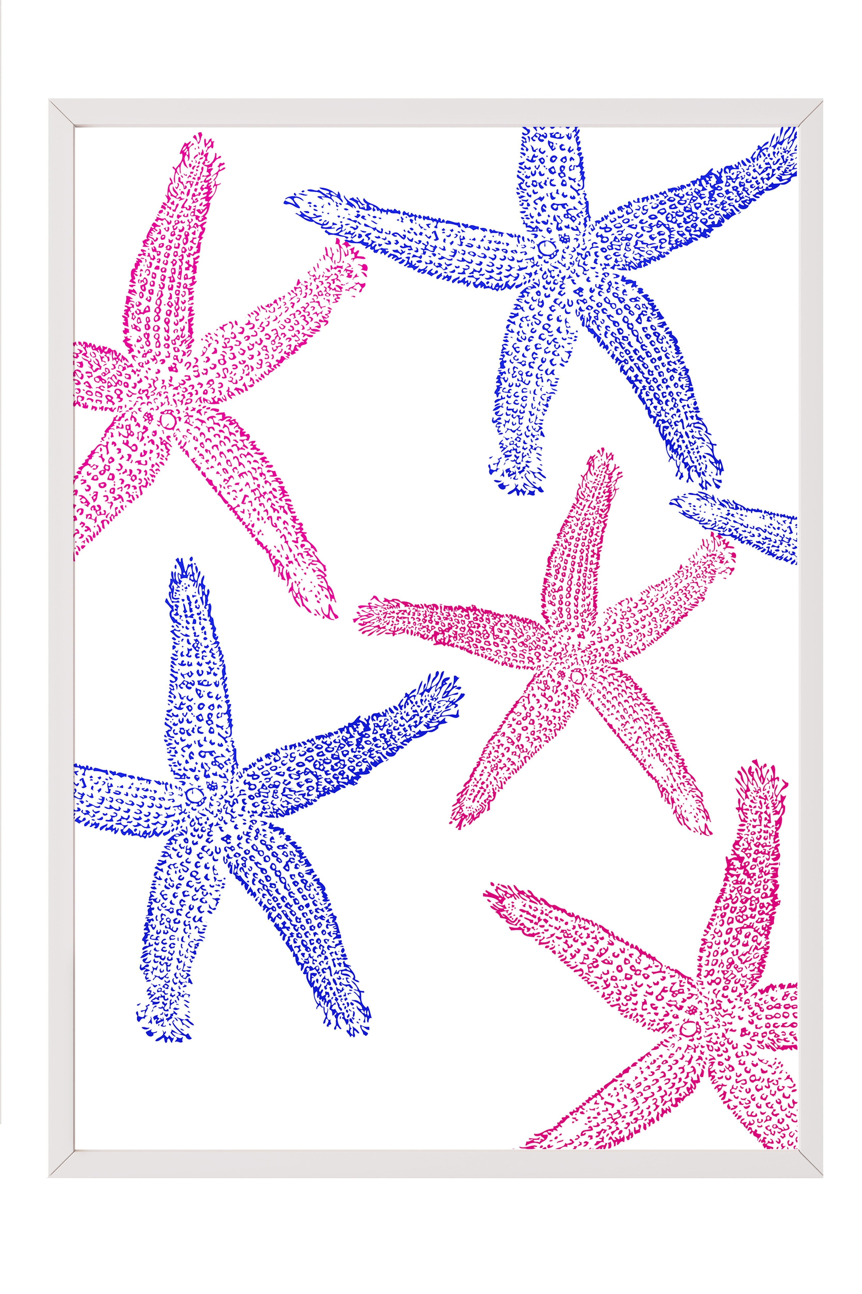 Beyaz Çerçeveli Tablo, Denizyıldızı, Düz İllüstrasyon, Mavi, Pembe Renk Poster, 2025 Yaz Seçkisi, NO:109838