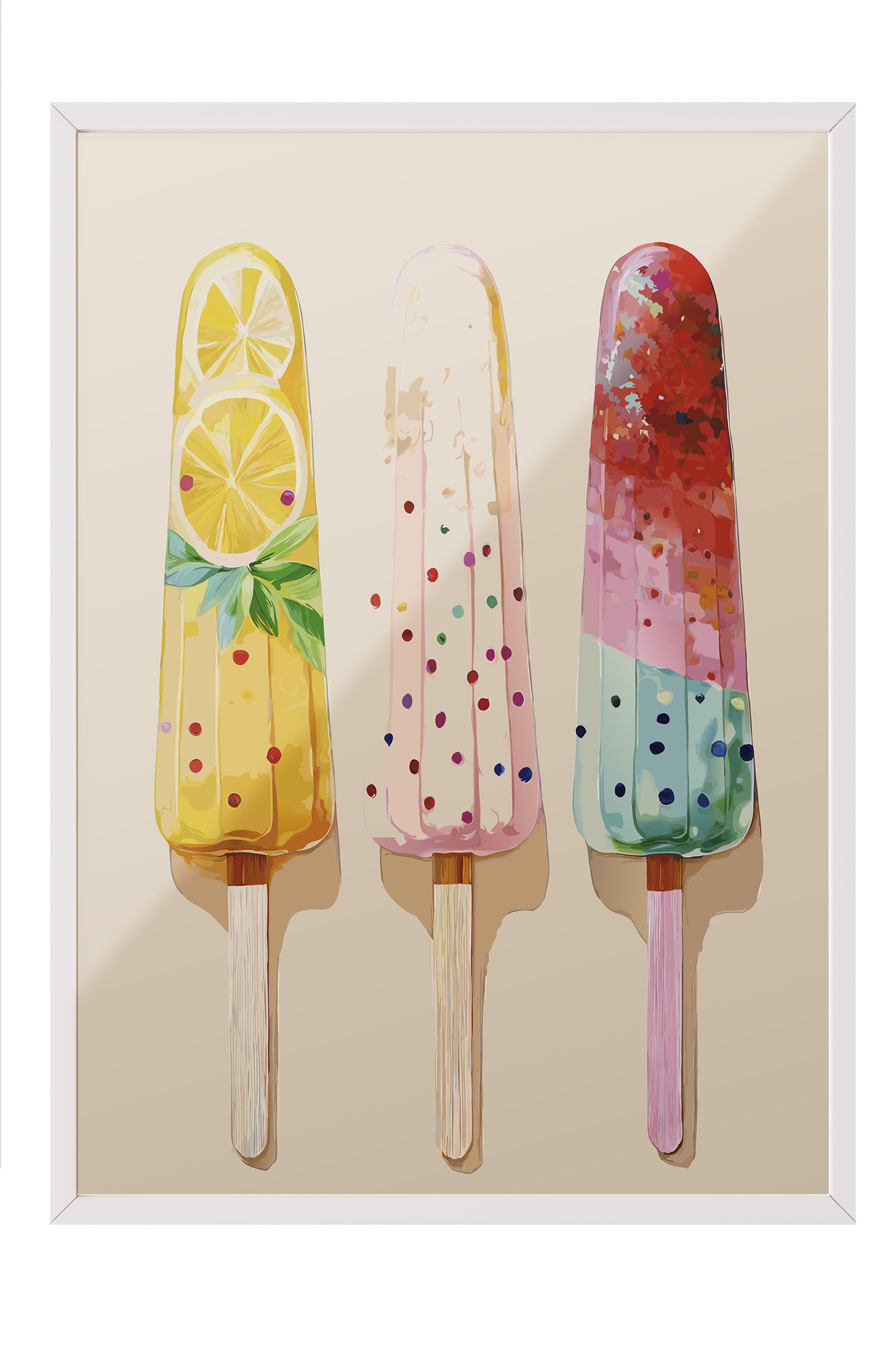 Beyaz Çerçeveli Tablo, Dondurma, Limon, illüstrasyon, Whimsical, Pastel Tonlar, Çok Renkli Renk Poster, 2025 Yaz Seçkisi, NO:109860