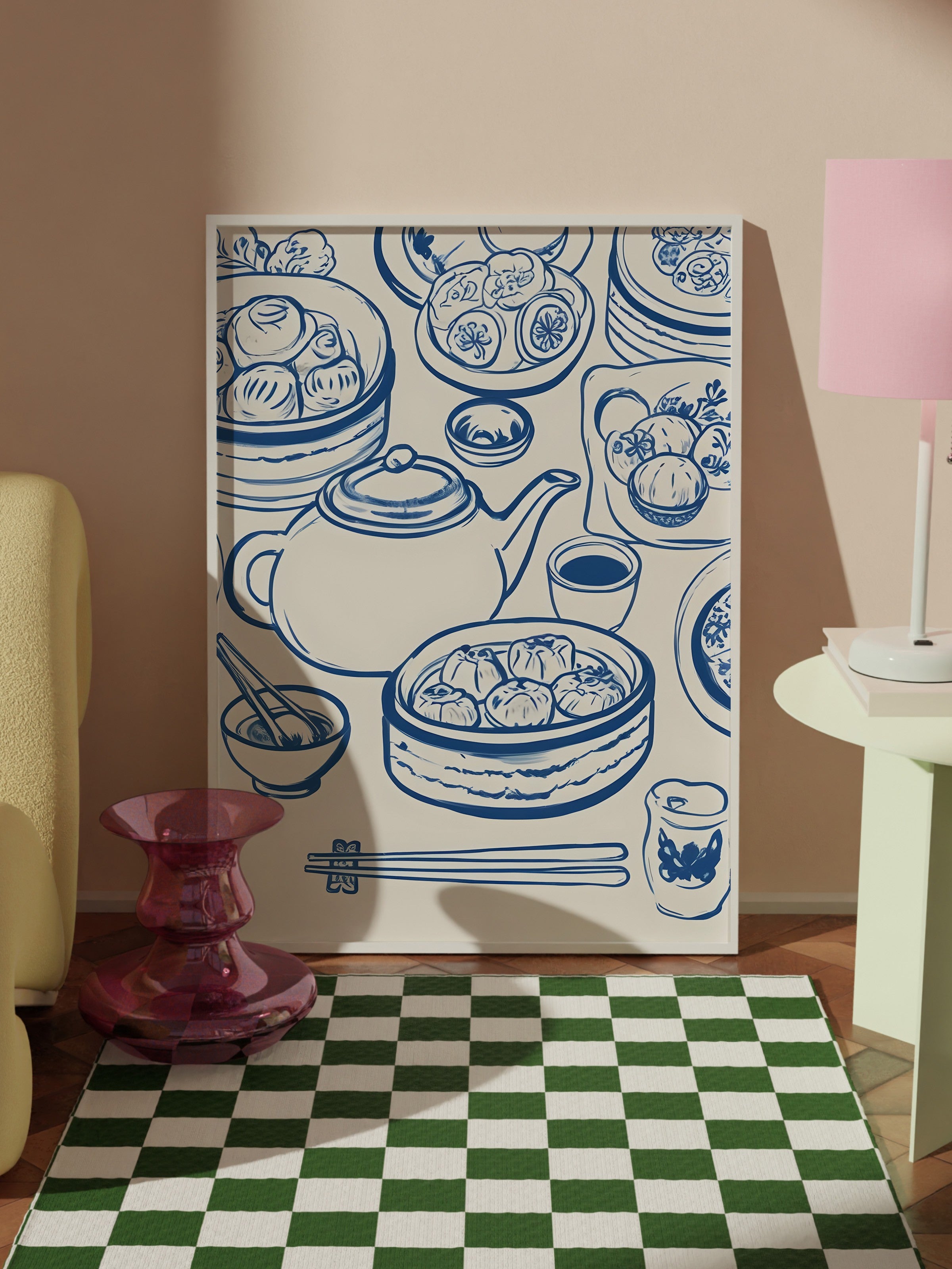 Beyaz Çerçeveli Tablo, Dumpling Table, Comfort Serisi Mutfak Duvar Tablosu, NO:109119
