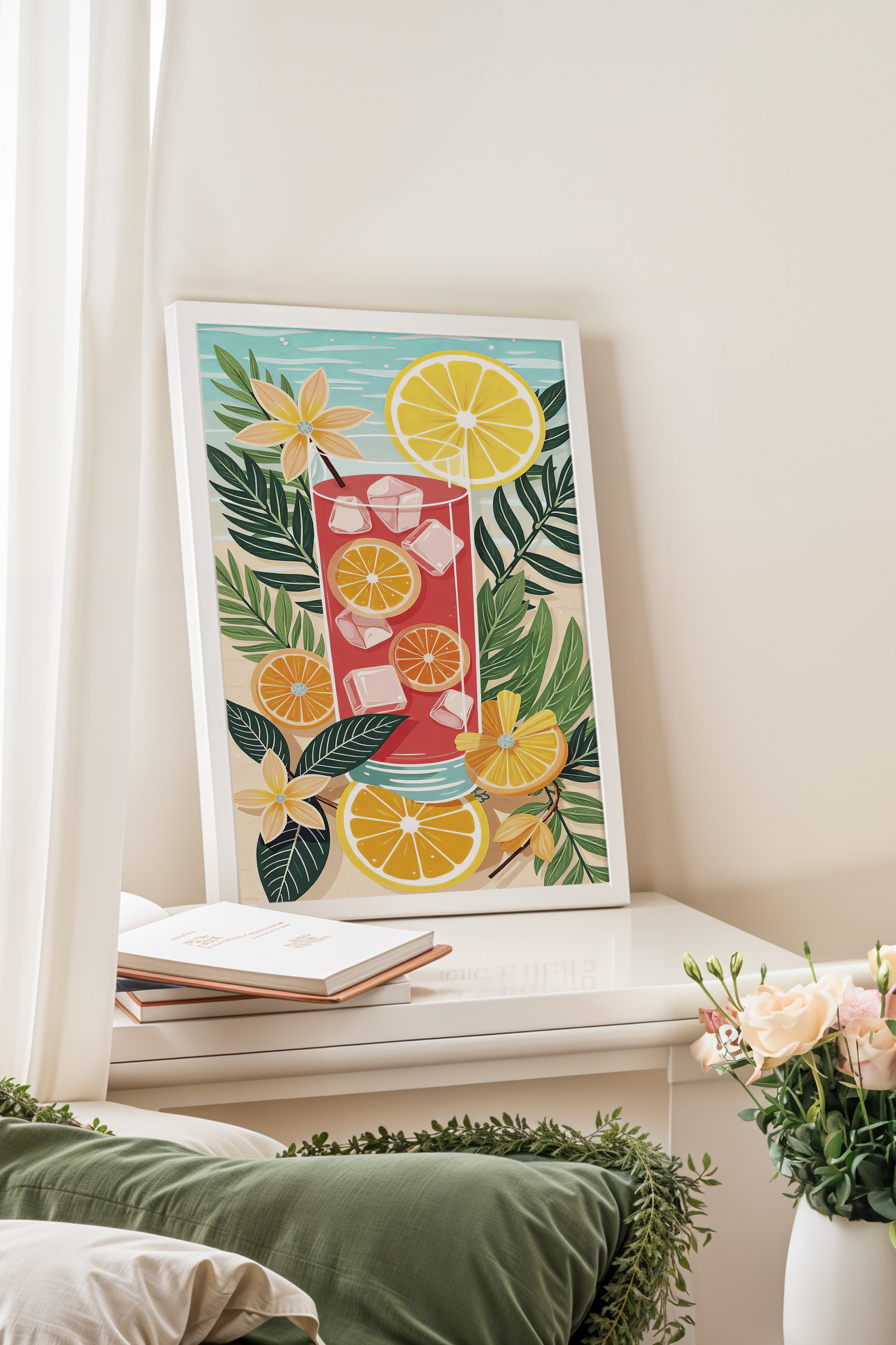 Beyaz Çerçeveli Tablo, Ferah Limonata, İllüstrasyon, Maximalist, Kırmızı Renk Poster, 2025 Yaz Seçkisi, NO:109784