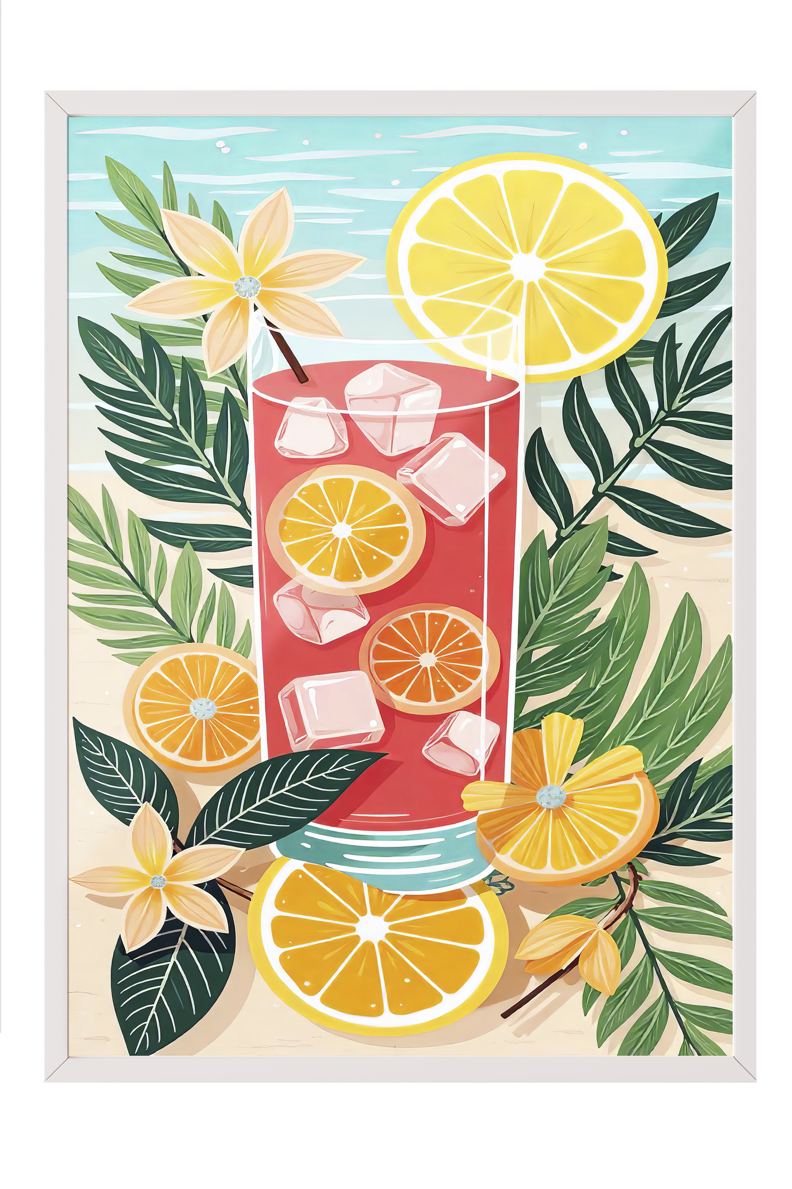 Beyaz Çerçeveli Tablo, Ferah Limonata, İllüstrasyon, Maximalist, Kırmızı Renk Poster, 2025 Yaz Seçkisi, NO:109784