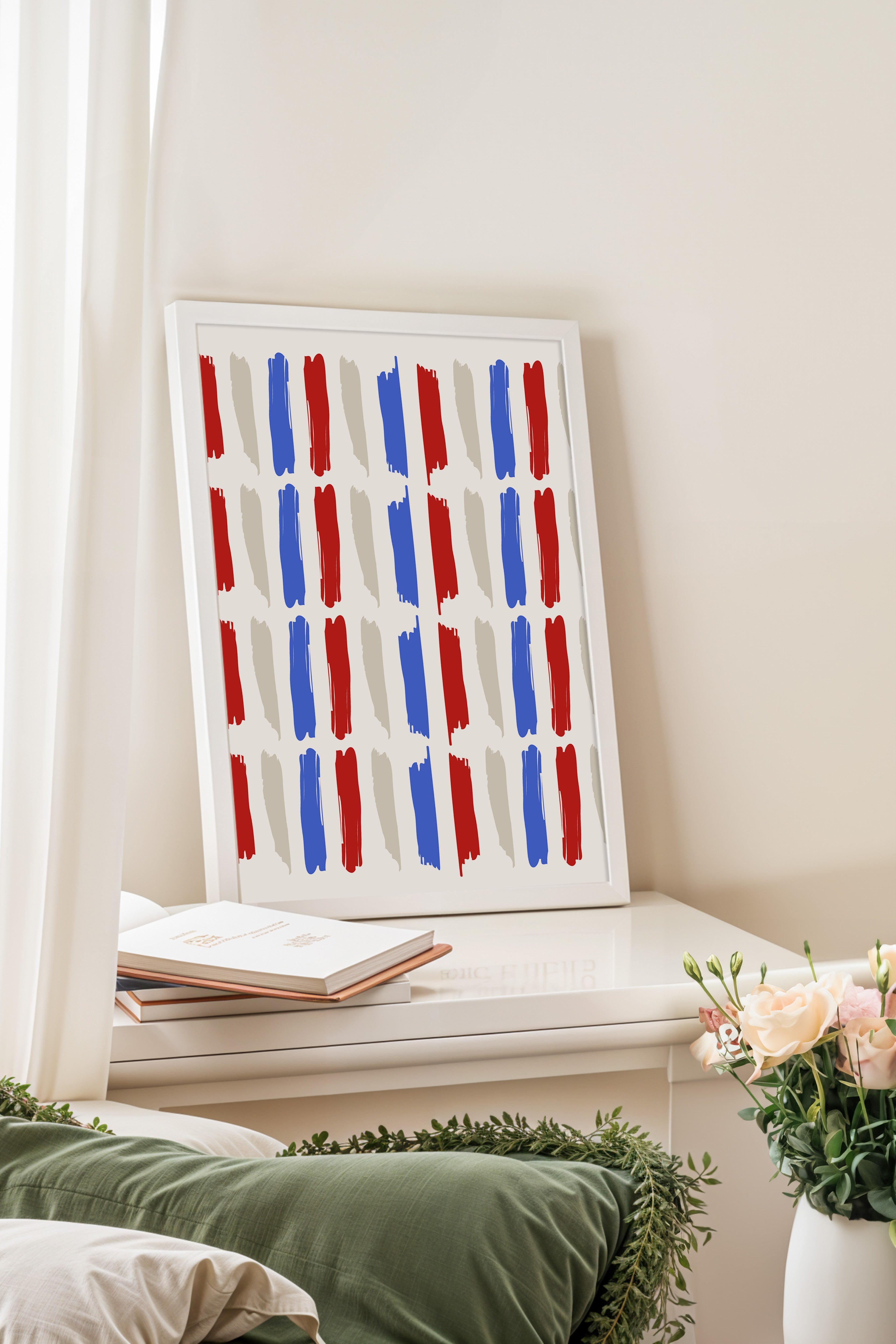 Beyaz Çerçeveli Tablo, Fırça darbeleri, Minimalist, Düz İllüstrasyon, Kırmızı, Mavi Renk Poster, 2025 Yaz Seçkisi, NO:109820