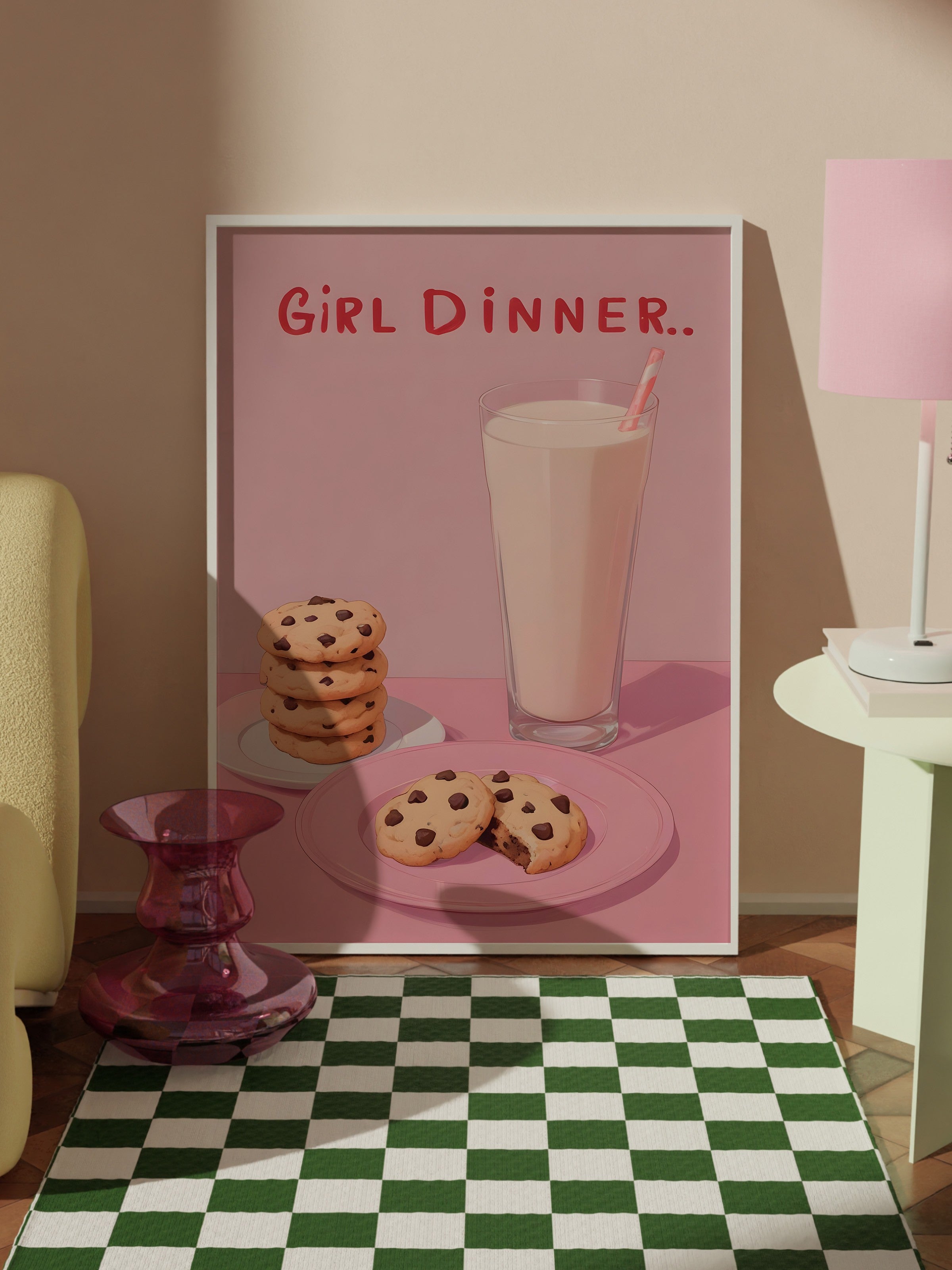 Beyaz Çerçeveli Tablo, Girl Dinner, Comfort Serisi Mutfak Duvar Tablosu, NO:109067