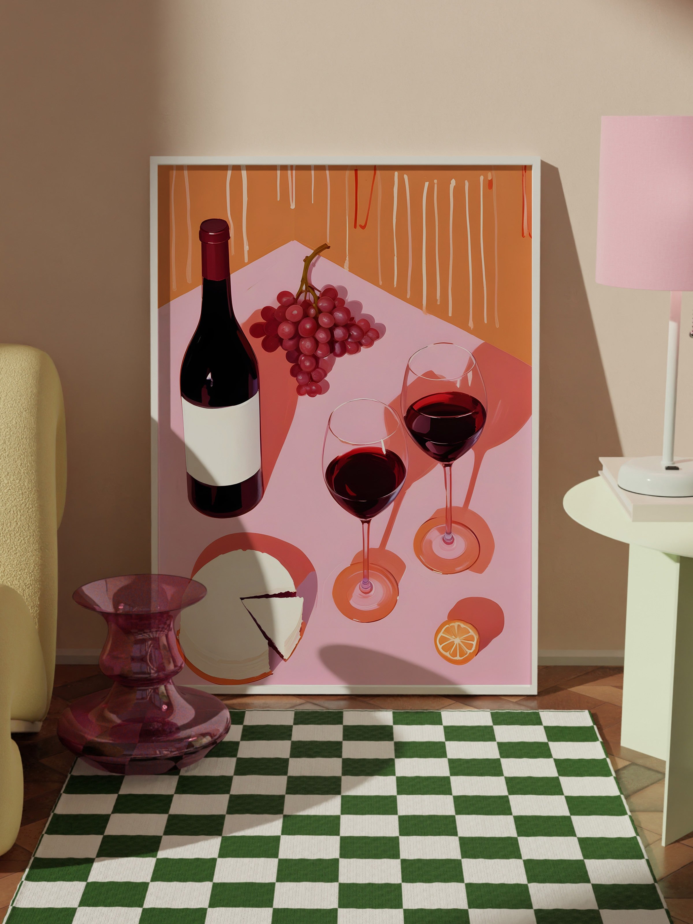 Beyaz Çerçeveli Tablo, Grapes & Wine, Comfort Serisi Mutfak Duvar Tablosu, NO:109097
