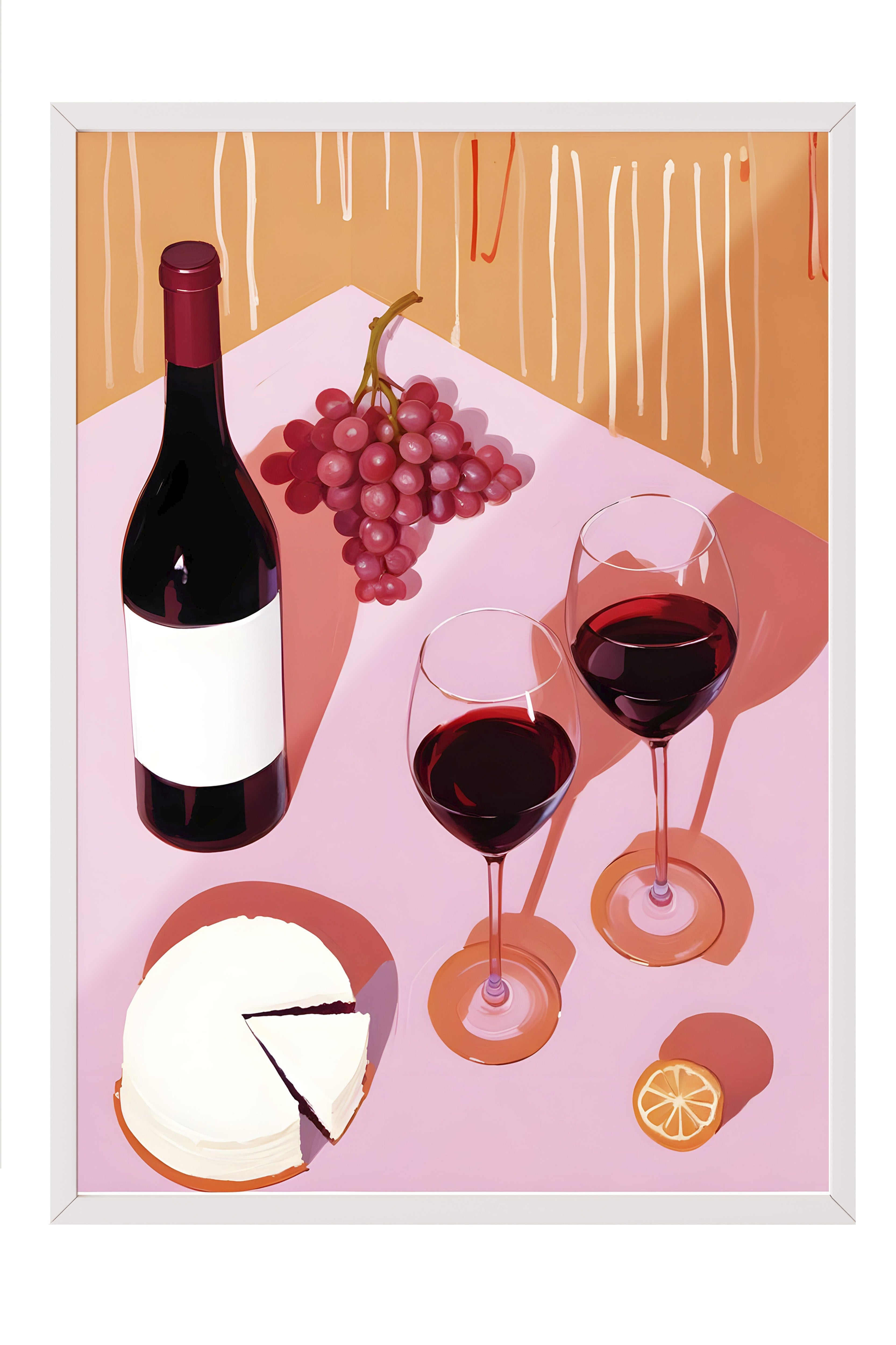 Beyaz Çerçeveli Tablo, Grapes & Wine, Comfort Serisi Mutfak Duvar Tablosu, NO:109097
