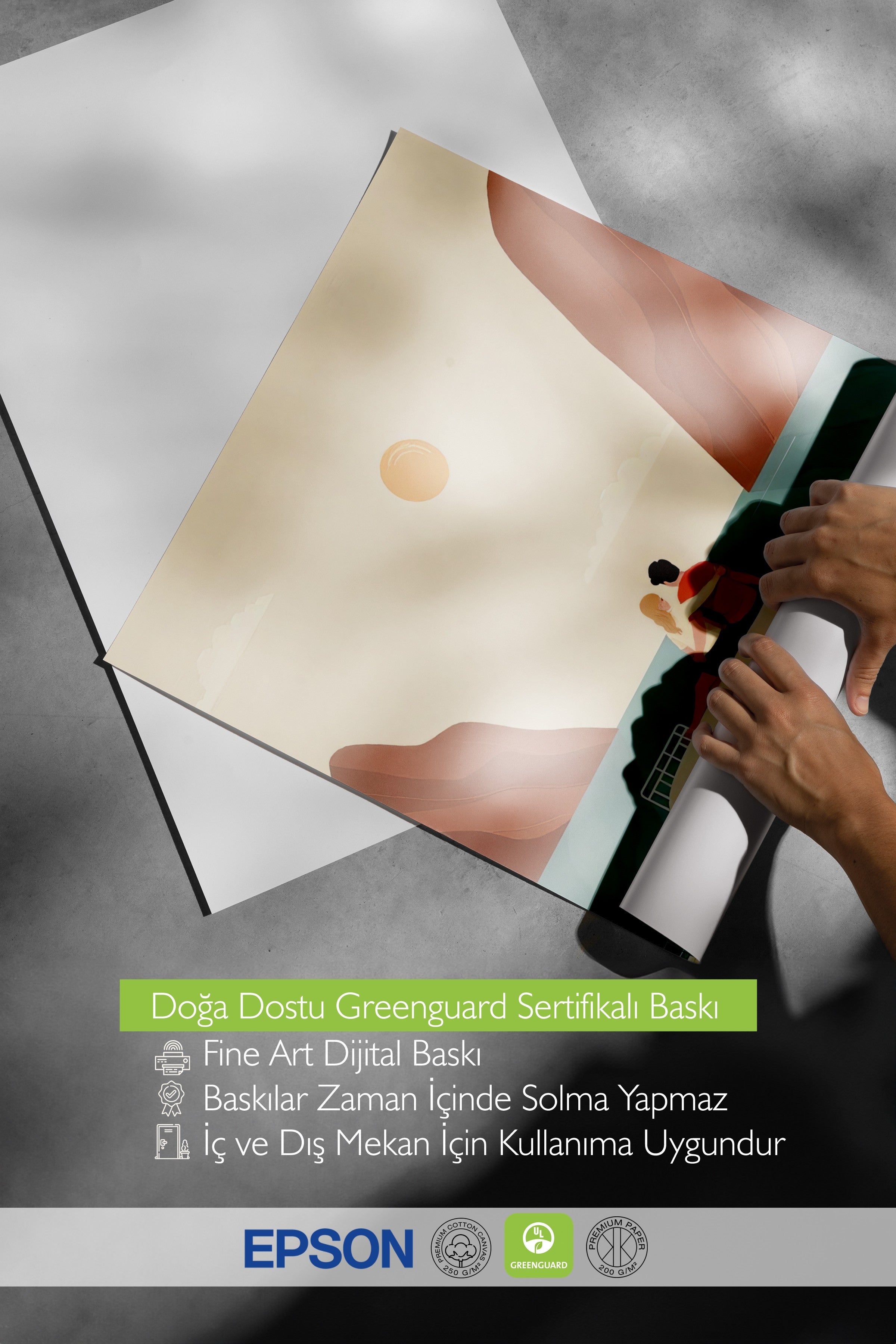 Beyaz Çerçeveli Tablo, Gün Batımı ve Çift, İllüstrasyon, Sarı Renk Poster, 2025 Yaz Seçkisi, NO:109703