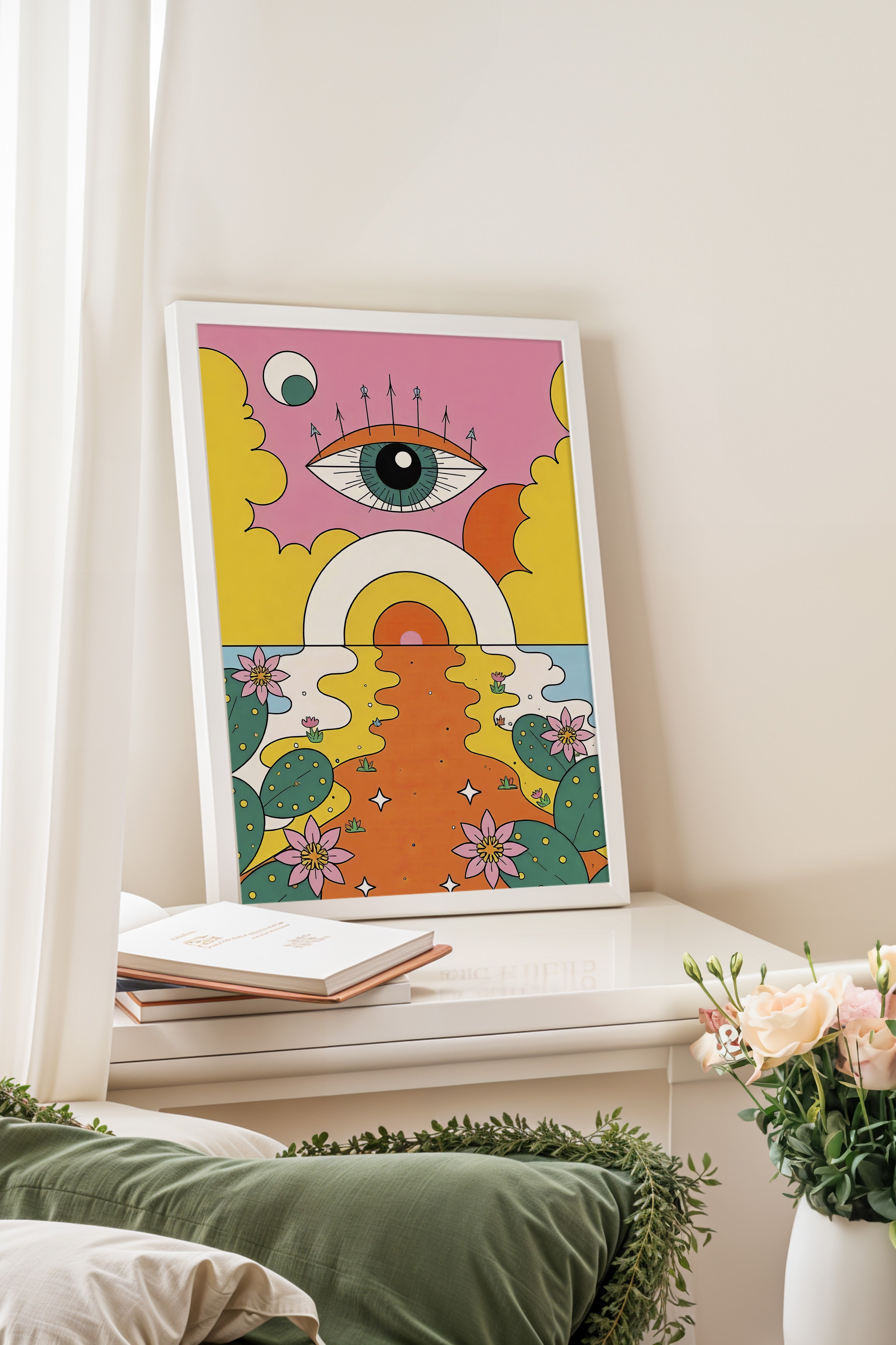 Beyaz Çerçeveli Tablo, Güneşin Gözü, İllüstrasyon Maximalist, Sarı Renk Poster, 2025 Yaz Seçkisi, NO:109757