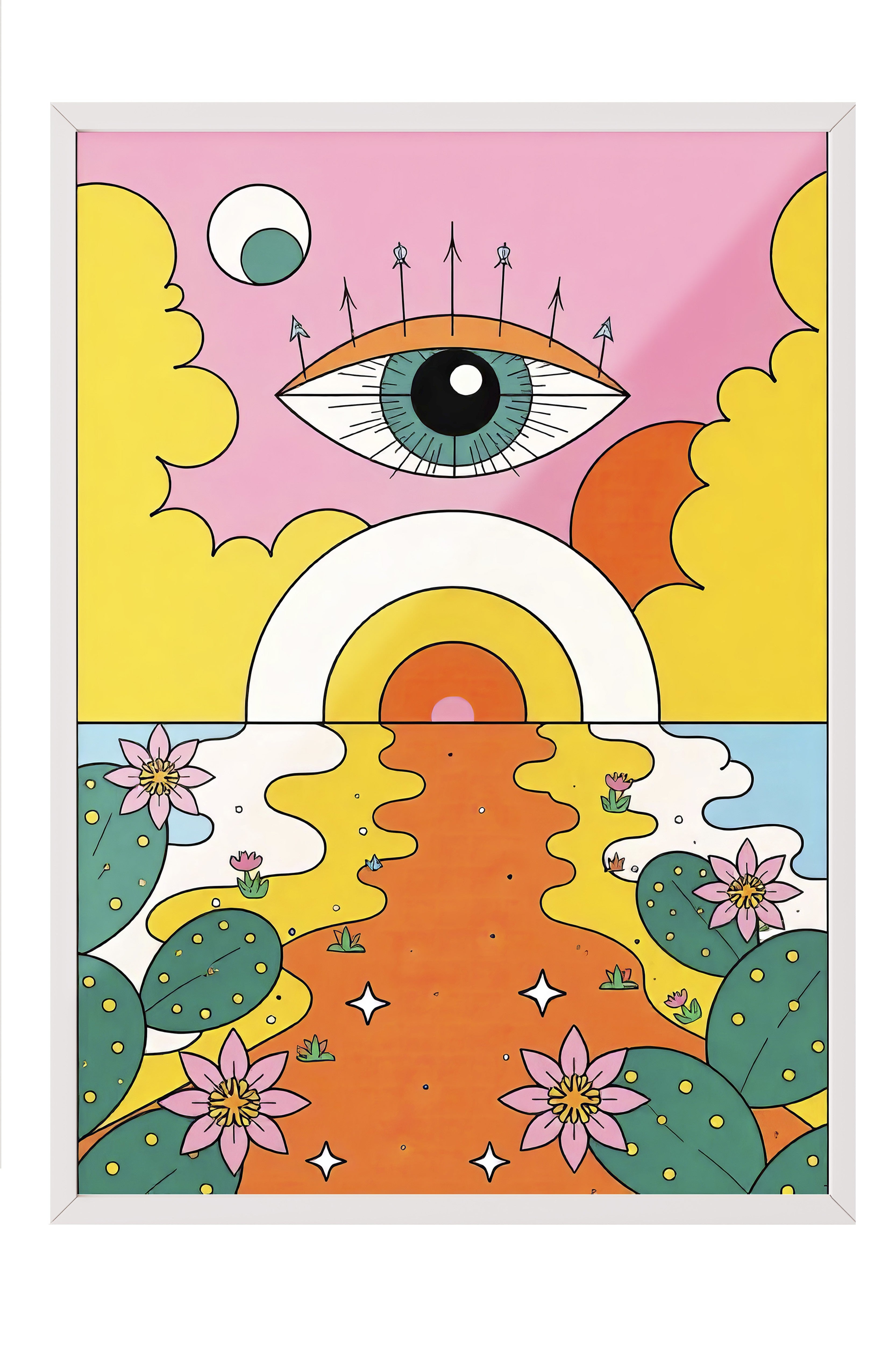 Beyaz Çerçeveli Tablo, Güneşin Gözü, İllüstrasyon Maximalist, Sarı Renk Poster, 2025 Yaz Seçkisi, NO:109757