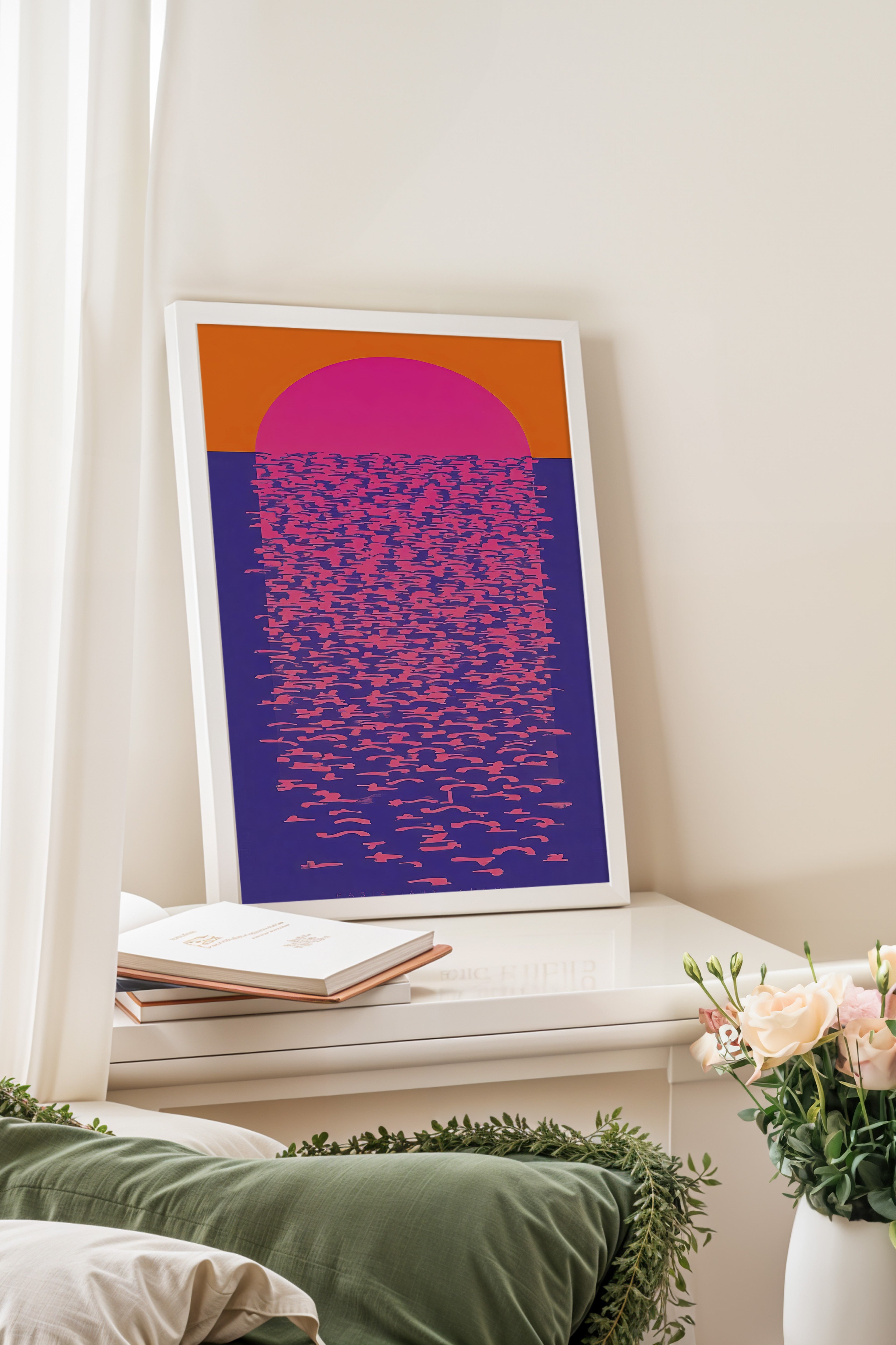 Beyaz Çerçeveli Tablo, Güneşin Yansıması, İllüstrasyon, Maximalist, Mavi Renk Poster, 2025 Yaz Seçkisi, NO:109758