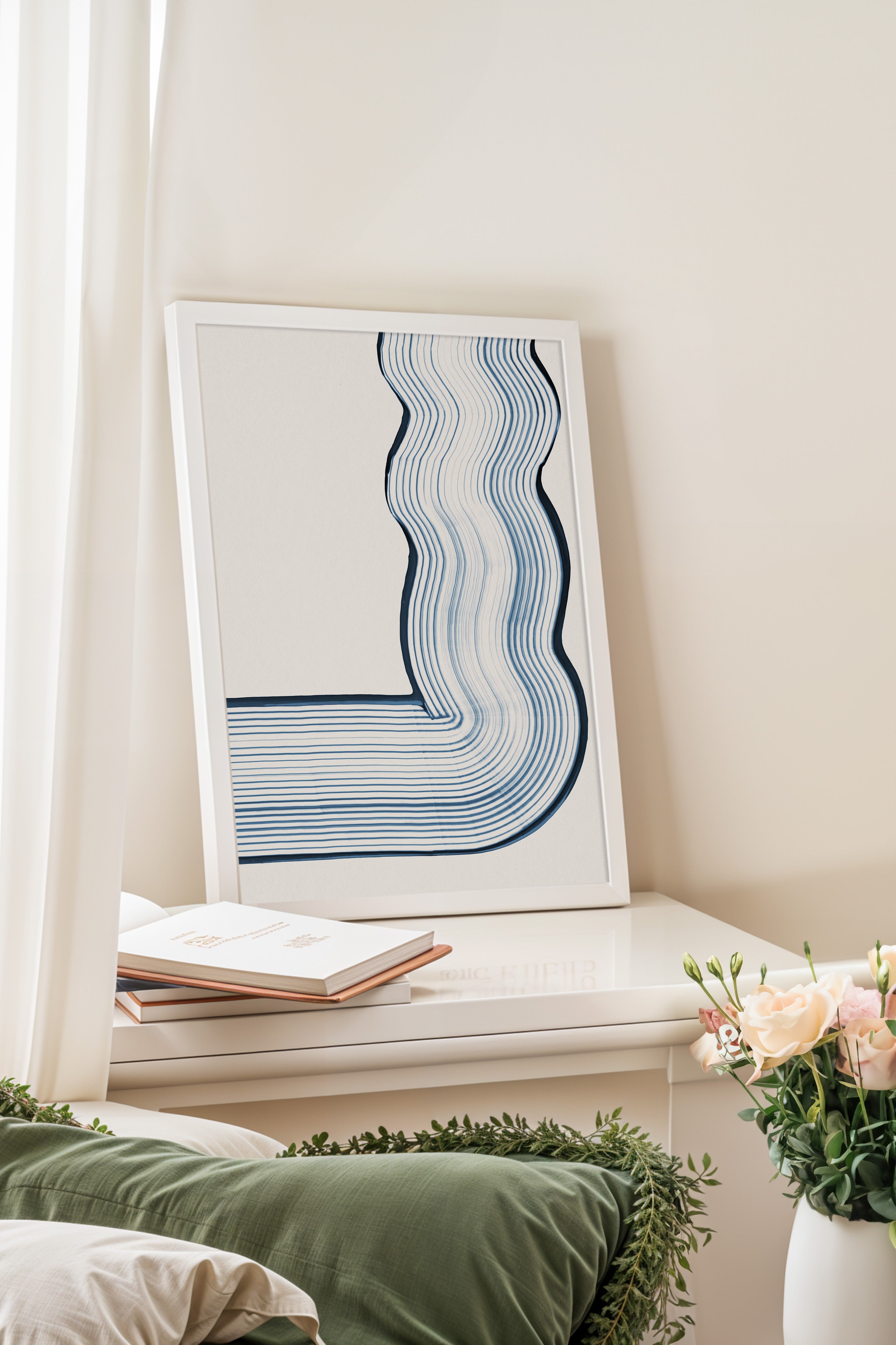 Beyaz Çerçeveli Tablo, Hatlar, Minimalist, Mavi, Beyaz Renk Poster, 2025 Yaz Seçkisi, NO:109793