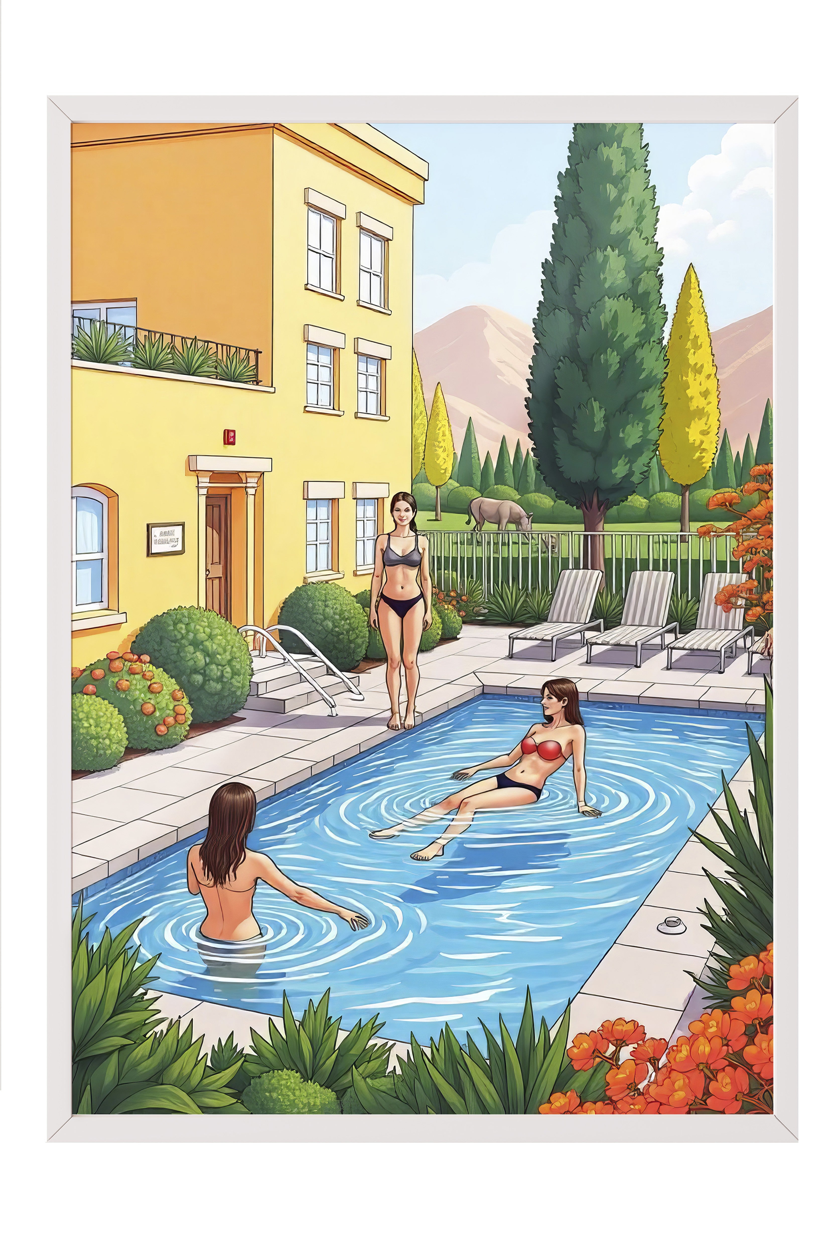 Beyaz Çerçeveli Tablo, Havuz Partisi, İllüstrasyon, Maximalist, Mavi Renk Poster, 2025 Yaz Seçkisi, NO:109763