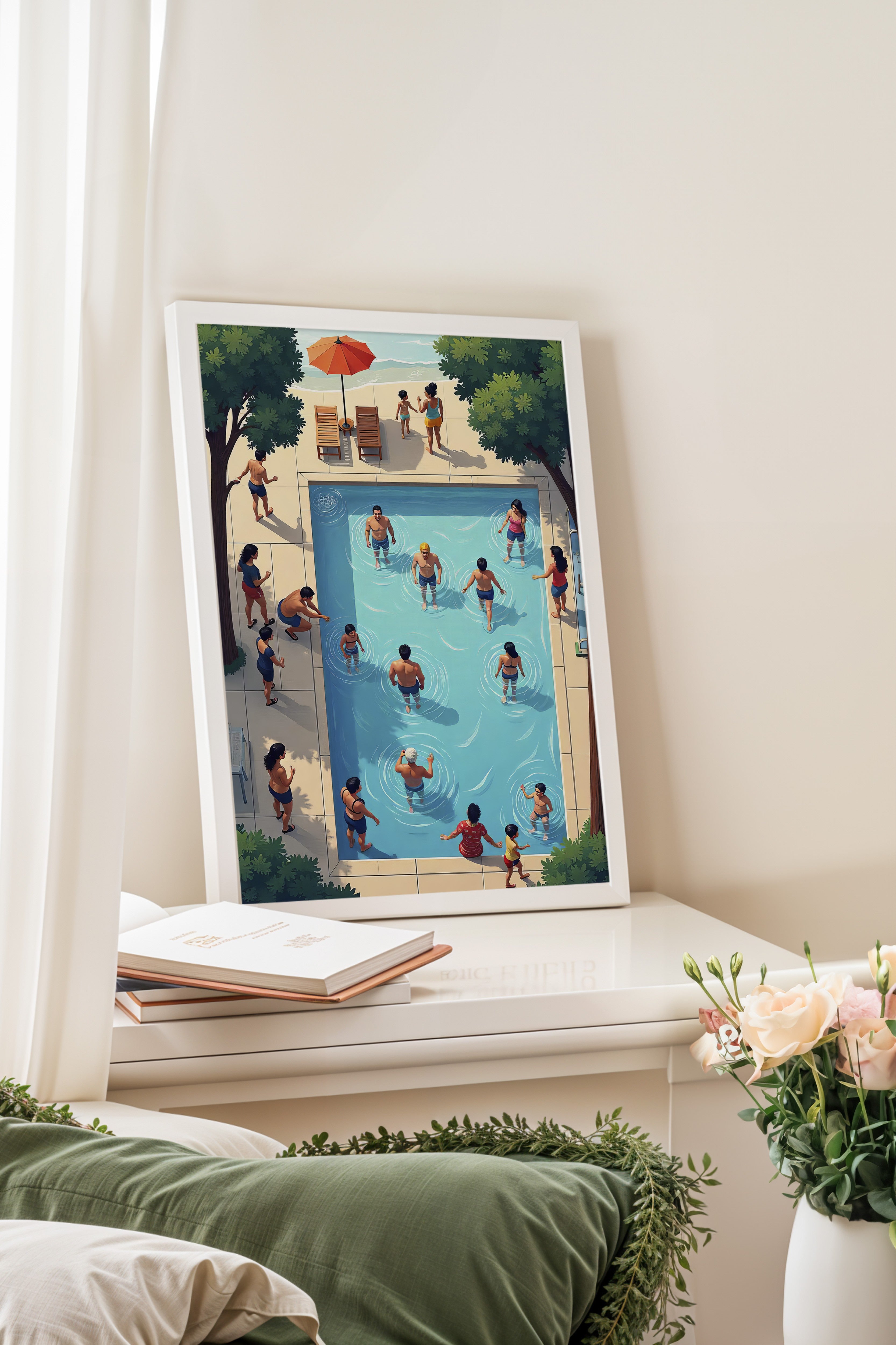 Beyaz Çerçeveli Tablo, Havuzda Kalabalık, İllüstrasyon, Maximalist, Mavi Renk Poster, 2025 Yaz Seçkisi, NO:109762