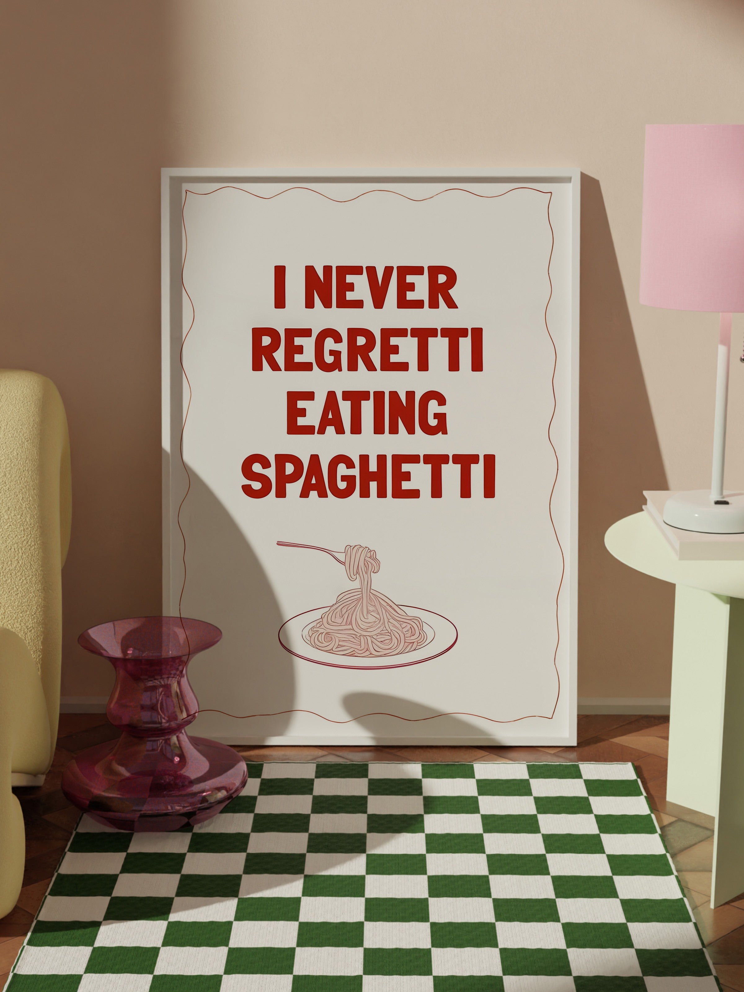 Beyaz Çerçeveli Tablo, I Never Regretti Eating Spaghetti, Comfort Serisi Mutfak Duvar Tablosu, NO:109085