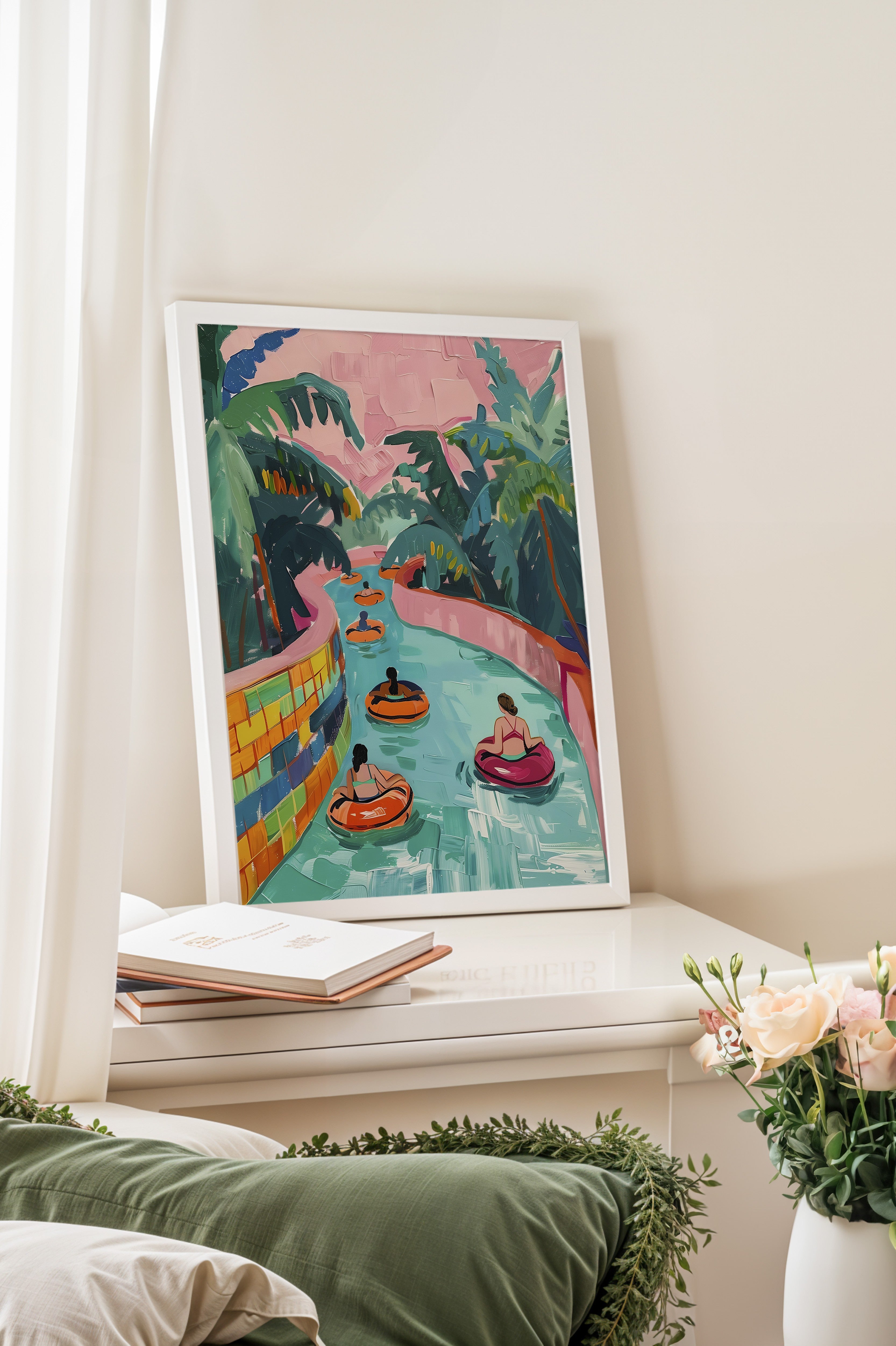 Beyaz Çerçeveli Tablo, İnsanlar, Nehir, Şişmeler, Akrilik Boyama, Pastel Tonlar, Çok Renkli Renk Poster, 2025 Yaz Seçkisi, NO:109801