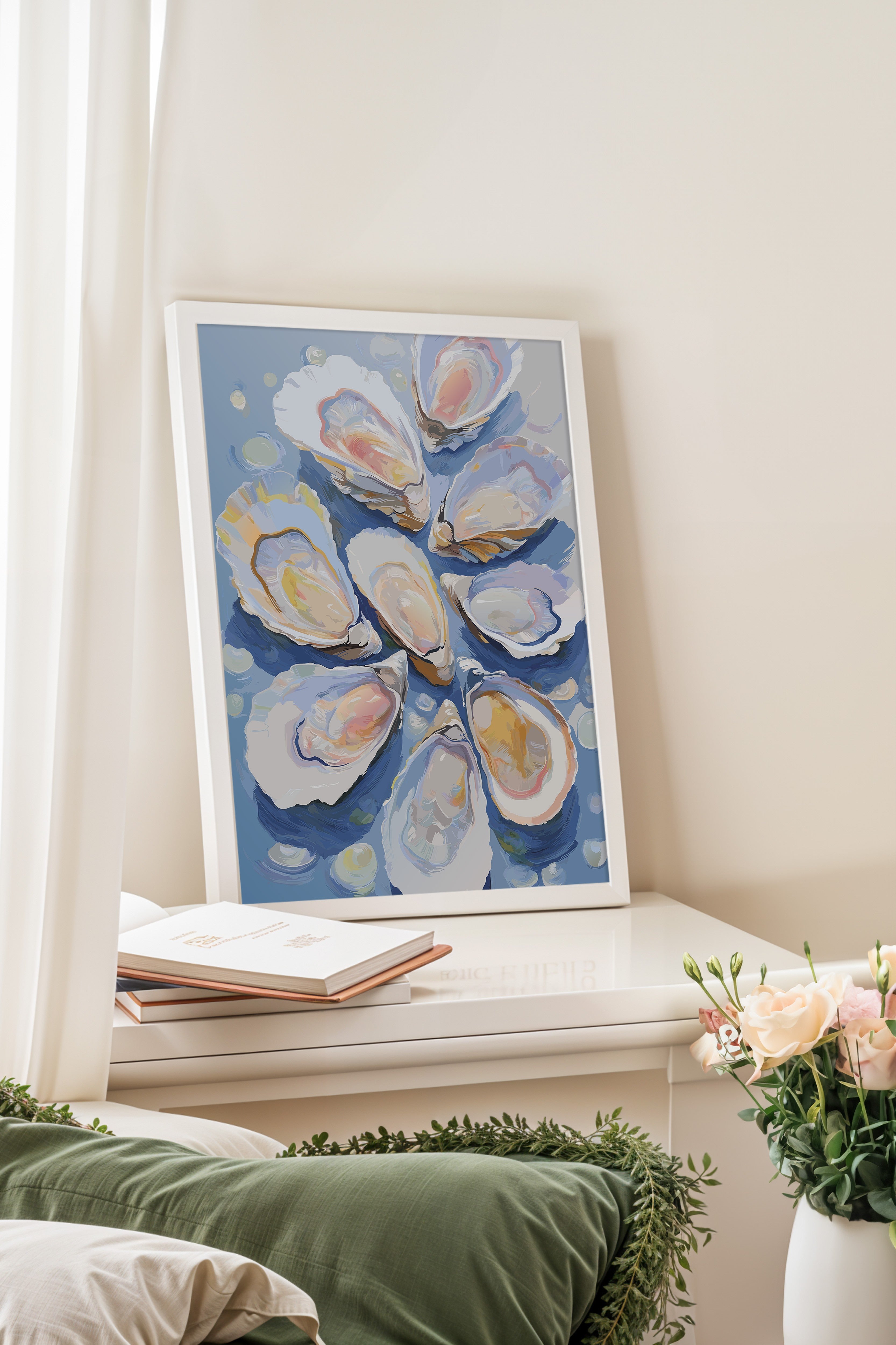 Beyaz Çerçeveli Tablo, İstiridyeler, Kabuklar, illüstrasyon, Impressionist, Mavi, Pastel Tonlar Renk Poster, 2025 Yaz Seçkisi, NO:109861